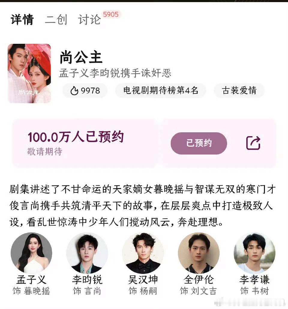 尚公主预约已破百万孟子义李昀锐尚公主破百万预约尚公主预约已破百万，咱就说孟子义