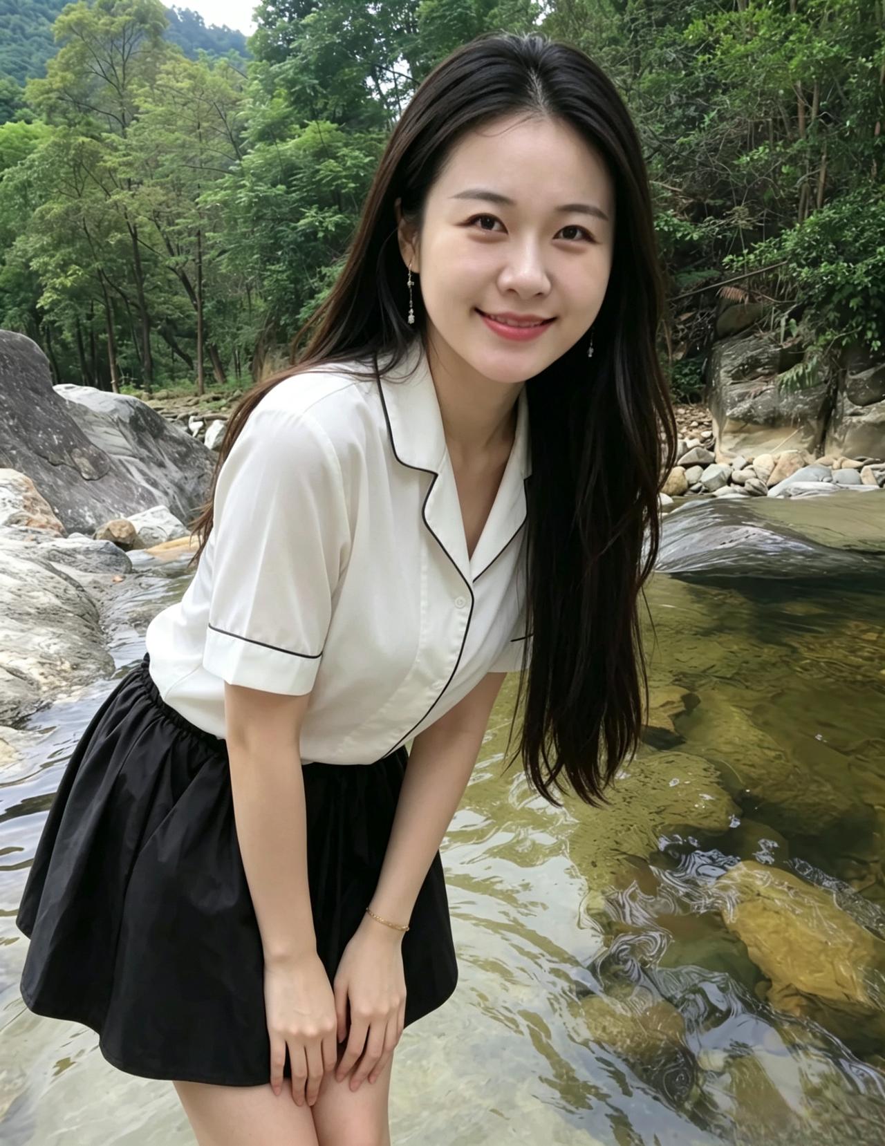 绿水青山绕浅塘，伊人临水立暖阳。嫣然一笑春风软，胜过林间满径香。