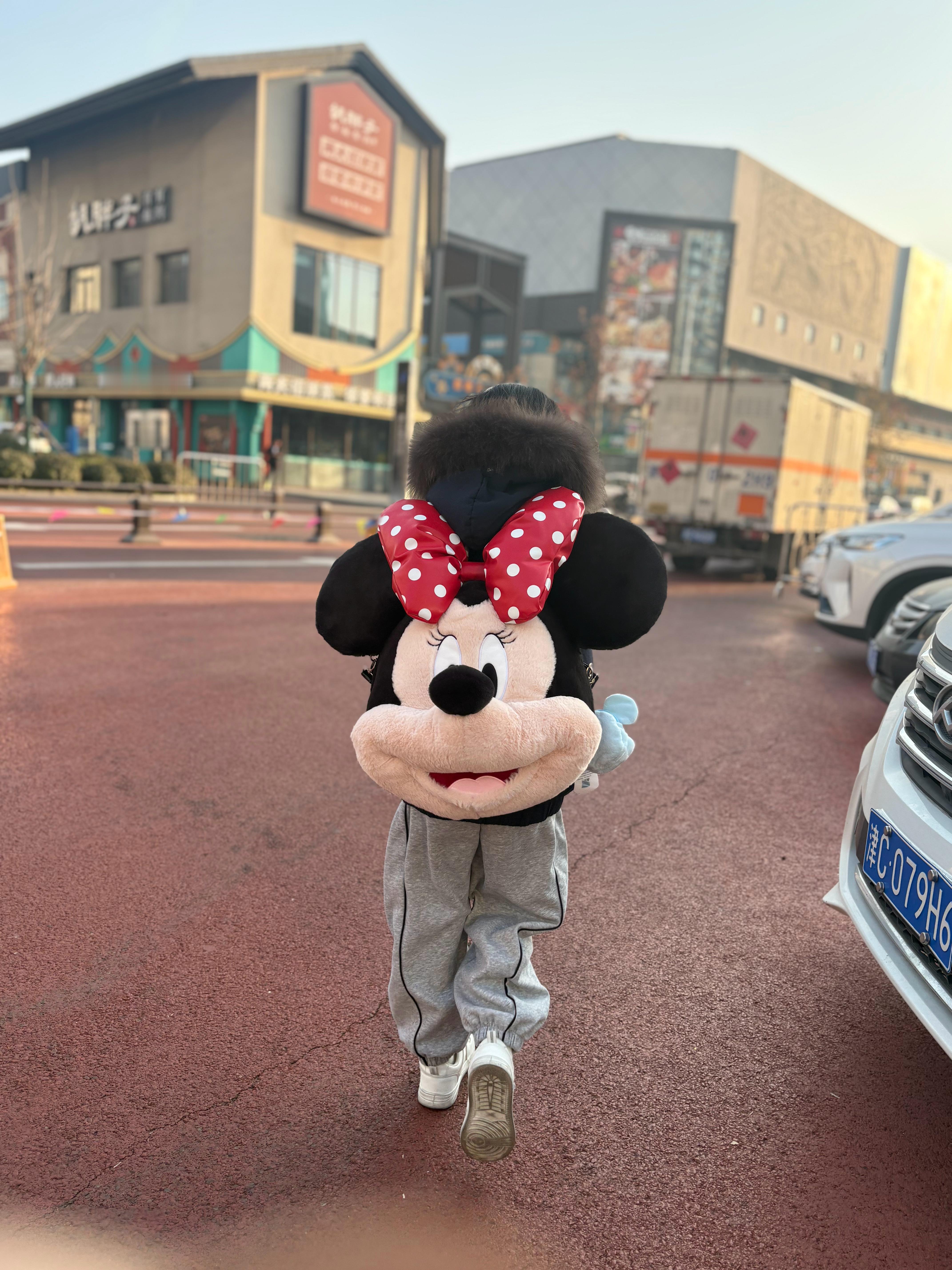 妹妹的大米妮背包。哈哈，感觉好萌啊。比她自己还要宽。