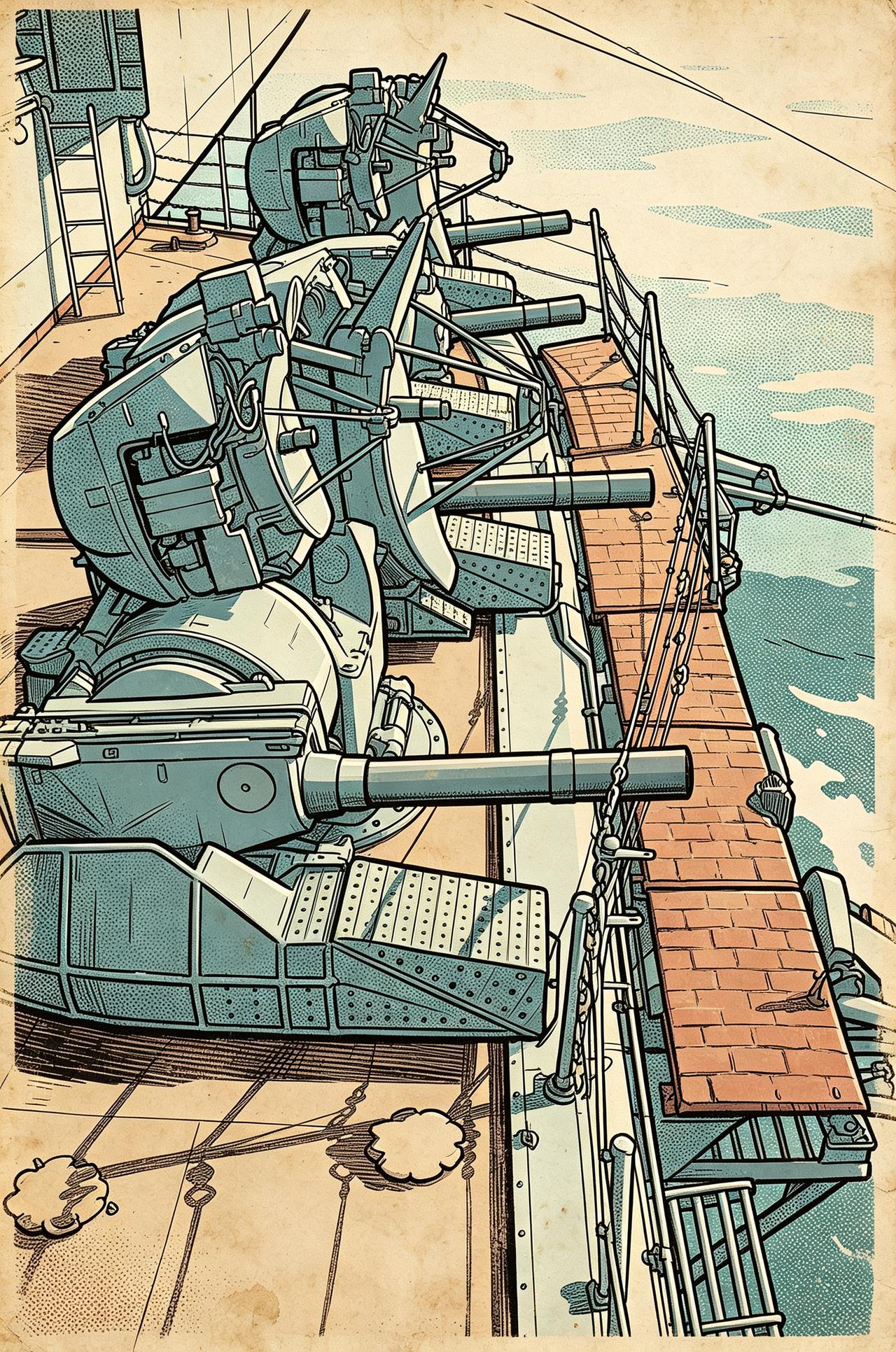 军事题材绘画作品·俄罗斯舰载近程防御武器系统，漫画是根据实拍照片二次创作复古版画