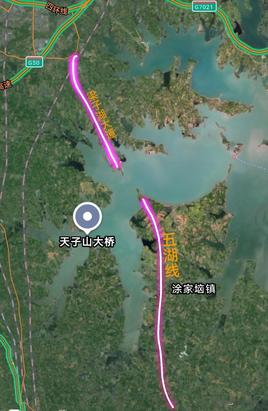 天子山大桥马上就要通车啦，江夏天子山大道去咸宁更方便快捷咯。那梁子湖大道连通五湖