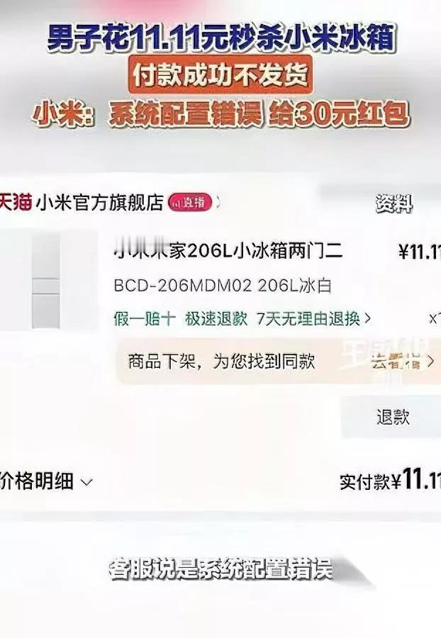11.11元秒冰箱不发货？张先生怒了：当我要饭的？双十一，他成功秒杀11