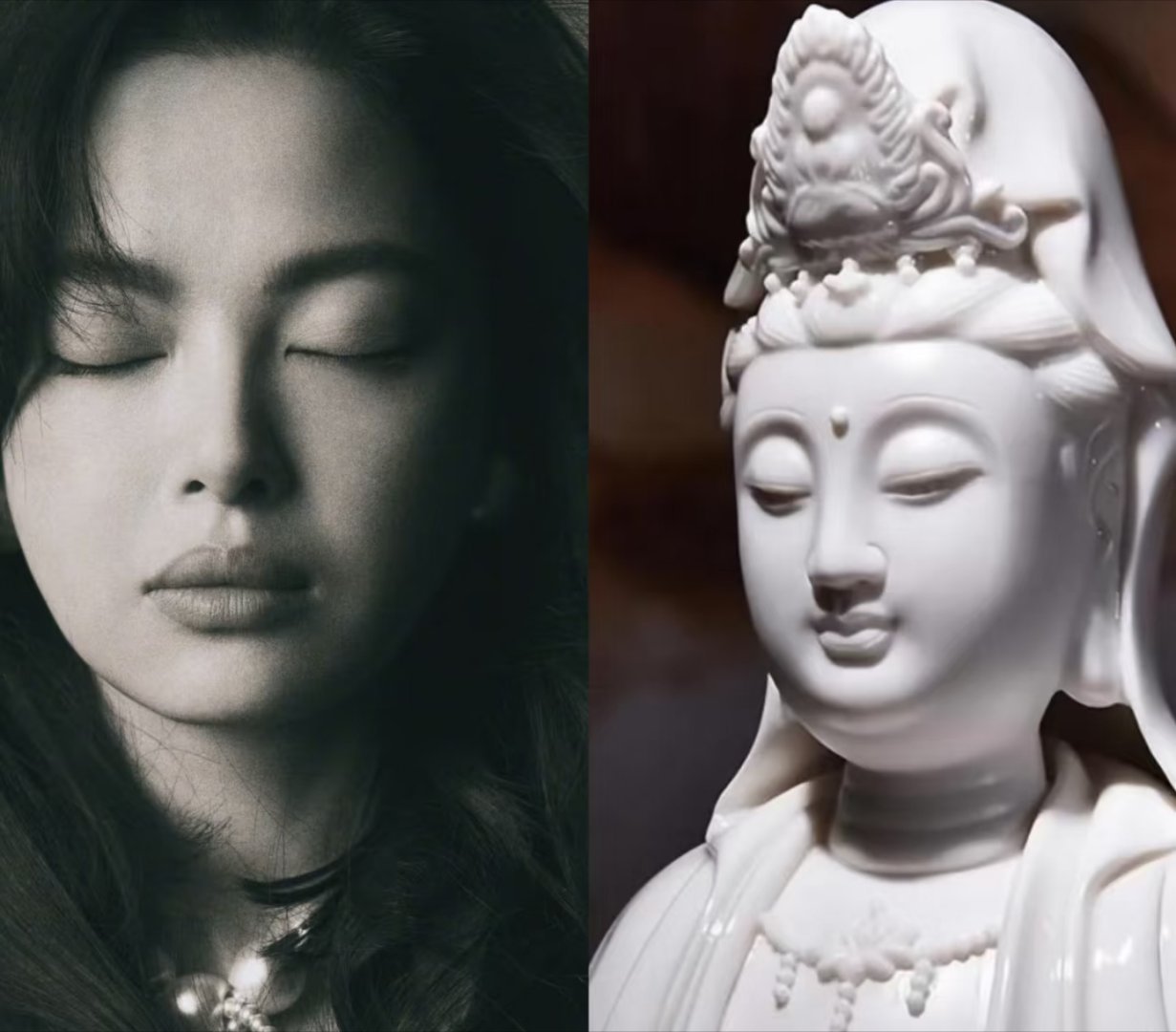 有人说辛芷蕾有菩萨相，本来我还不信，直到把她和菩萨拼在一起……​​​