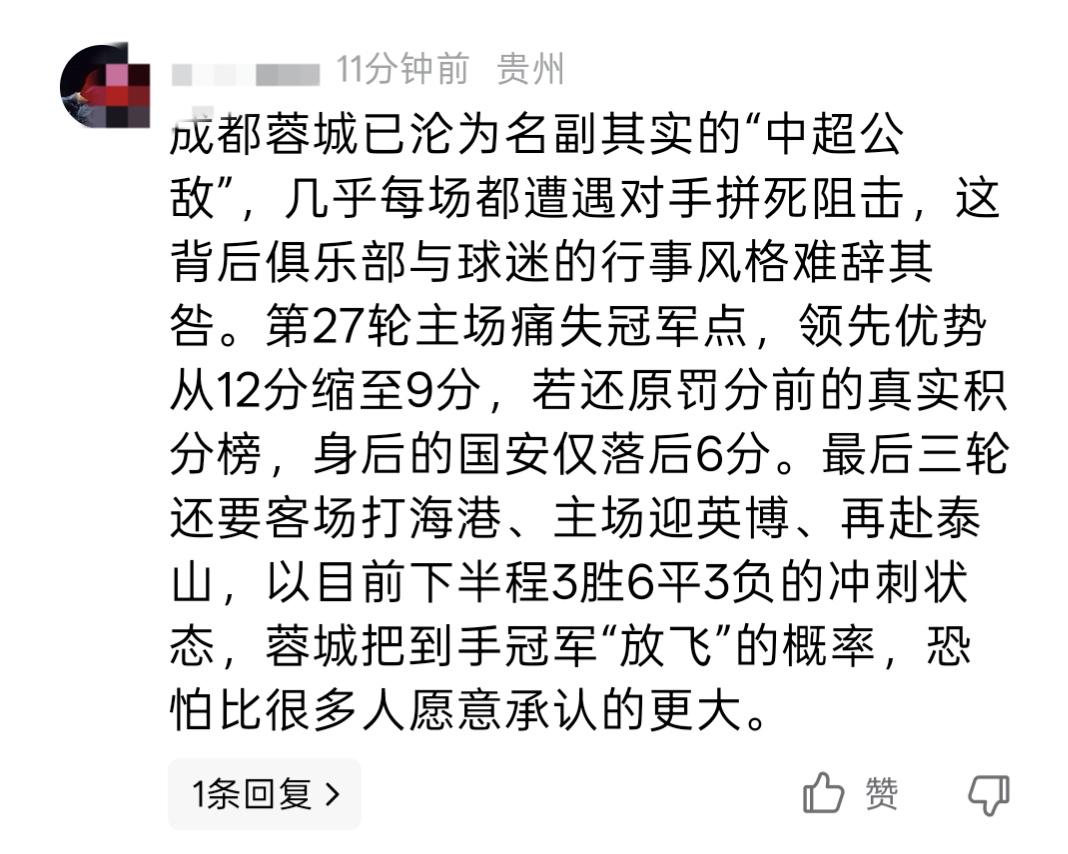 成都蓉城不是中超“公敌”！其实球迷不愿意看到蓉城夺冠不外乎这三个原因一、传统强