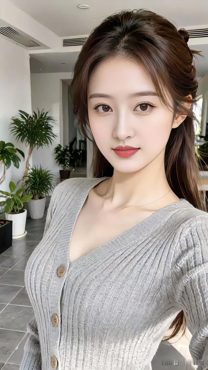 浅灰针织，她立成室内的诗。V领盛着柔光，纽扣缀着温柔。长发半挽，藏尽慵懒