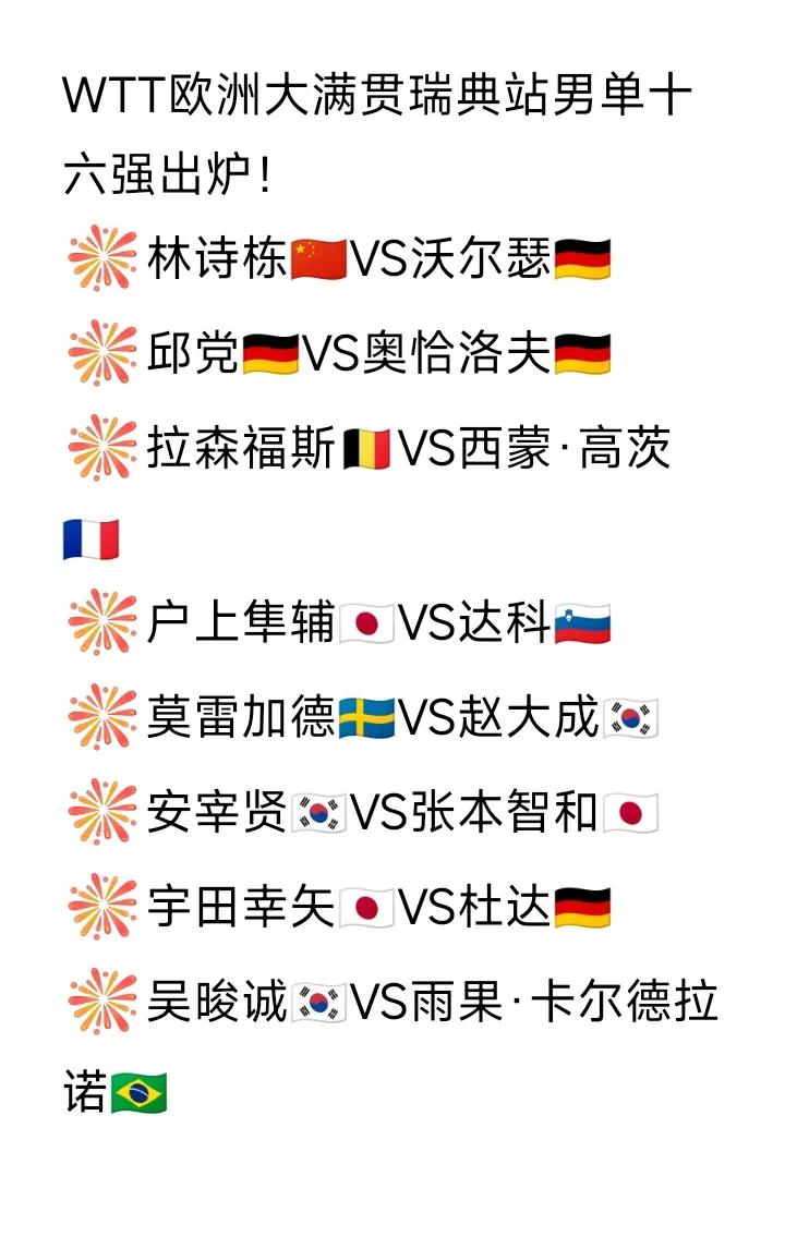 林诗栋🇨🇳被德国人包围了，WTT欧洲大满贯瑞典站男单十六强出炉，一个五星
