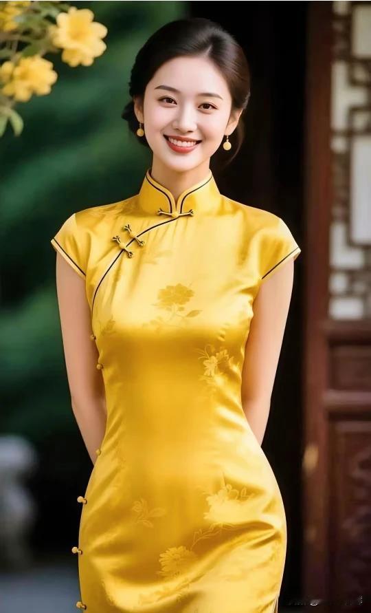 旗袍雅致衬娇容，一袭黄色显风情。眉似春山寒远黛，眸若秋水映繁星。