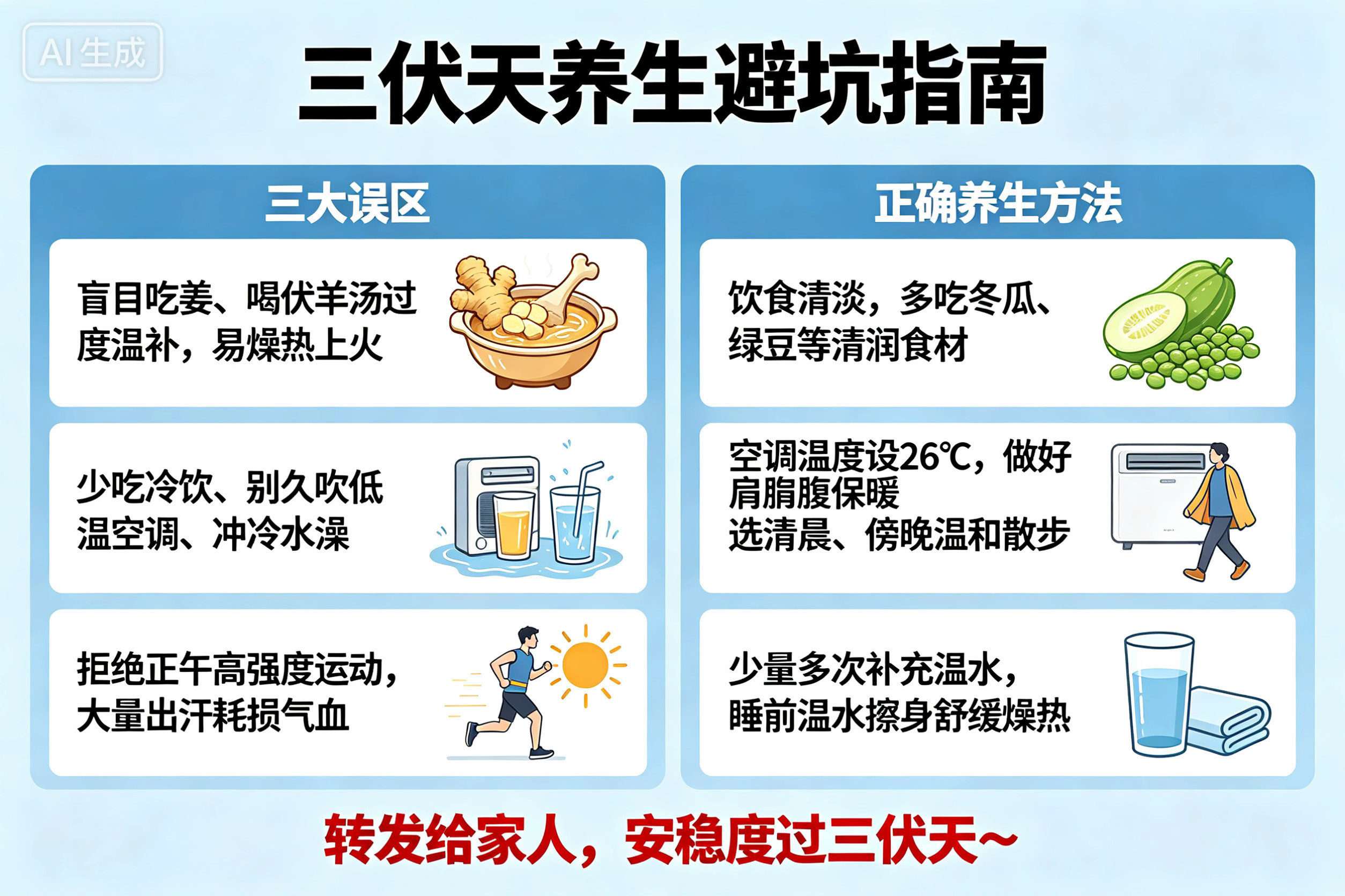 三伏天高温潮湿，很多日常习惯其实伤身，分享避坑指南和正确养生方式：1.避开三大误