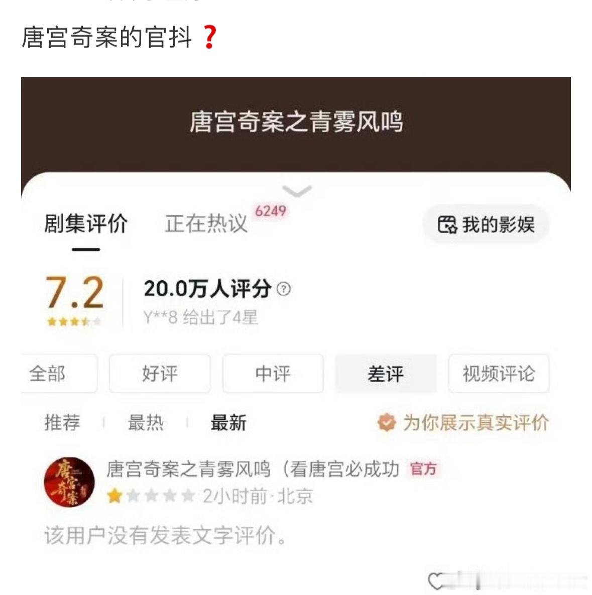 唐宫奇案的官抖怎么给唐宫打一星了？切错号了？能理解白鹿粉丝维权，播剧期间白鹿和粉