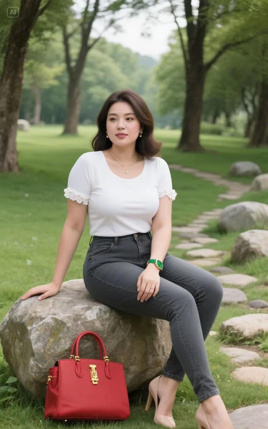 假日时光在石凳与草地的交界白色蕾丝轻吻袖口那是假日里微风的温柔牛仔勾勒