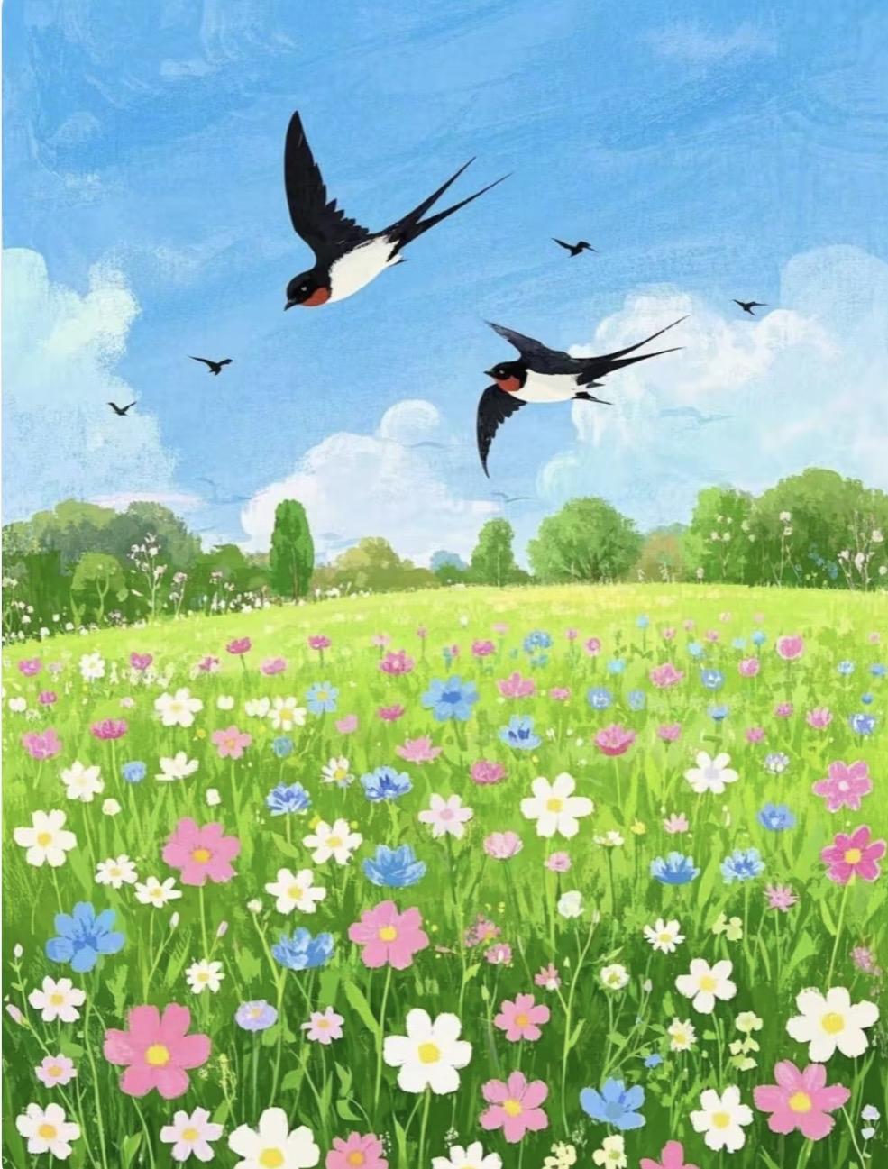 上联：双双燕子迎春至下联：点点苔痕送雨归