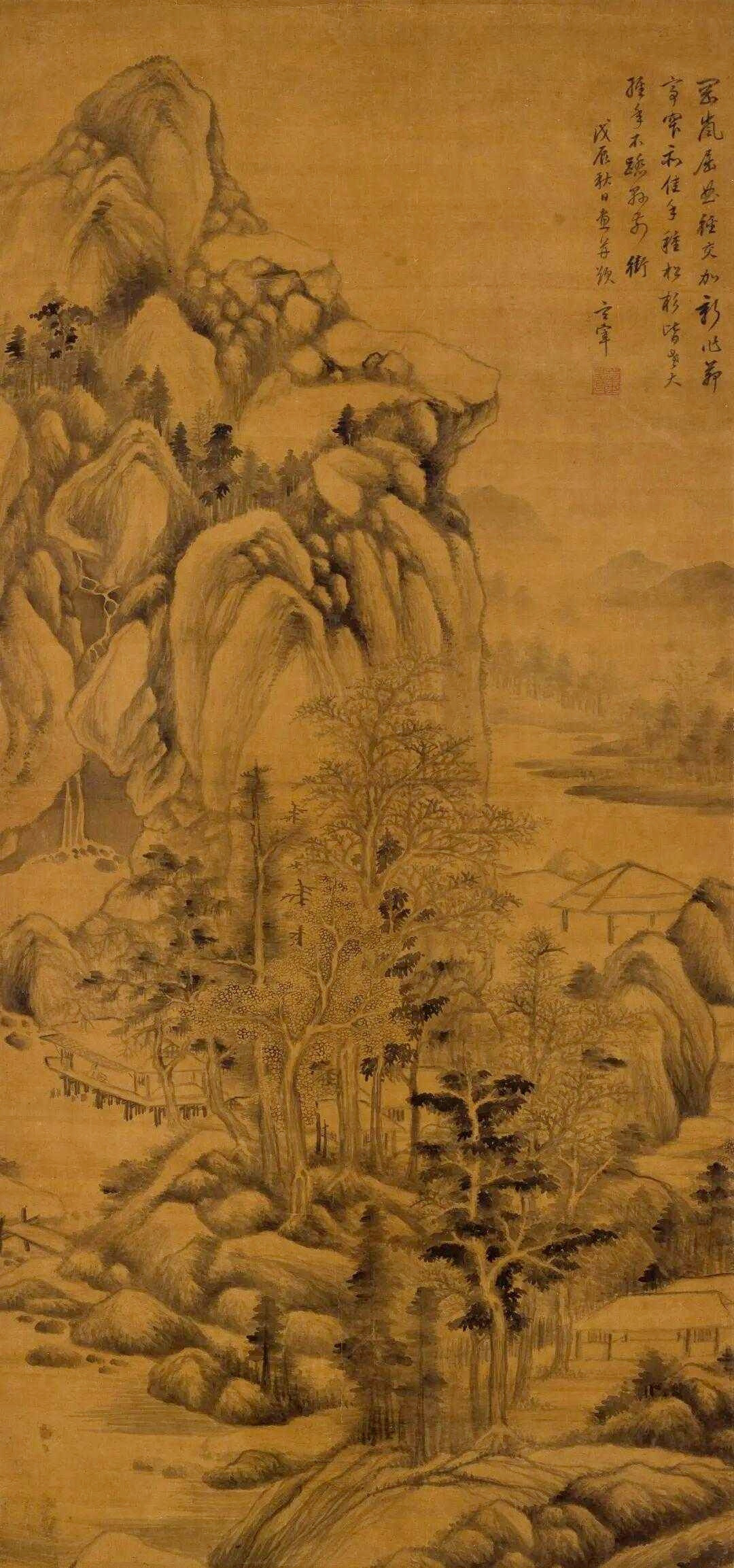 董其昌《山岗茅亭》，水墨绢本122x57cm。这就是中国风遇见艺术