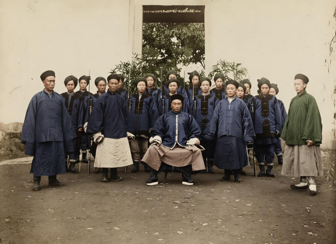 清末淮军将领章高元，带着一众清军留下的合影。坐着的人就是章高元，他出生于安徽