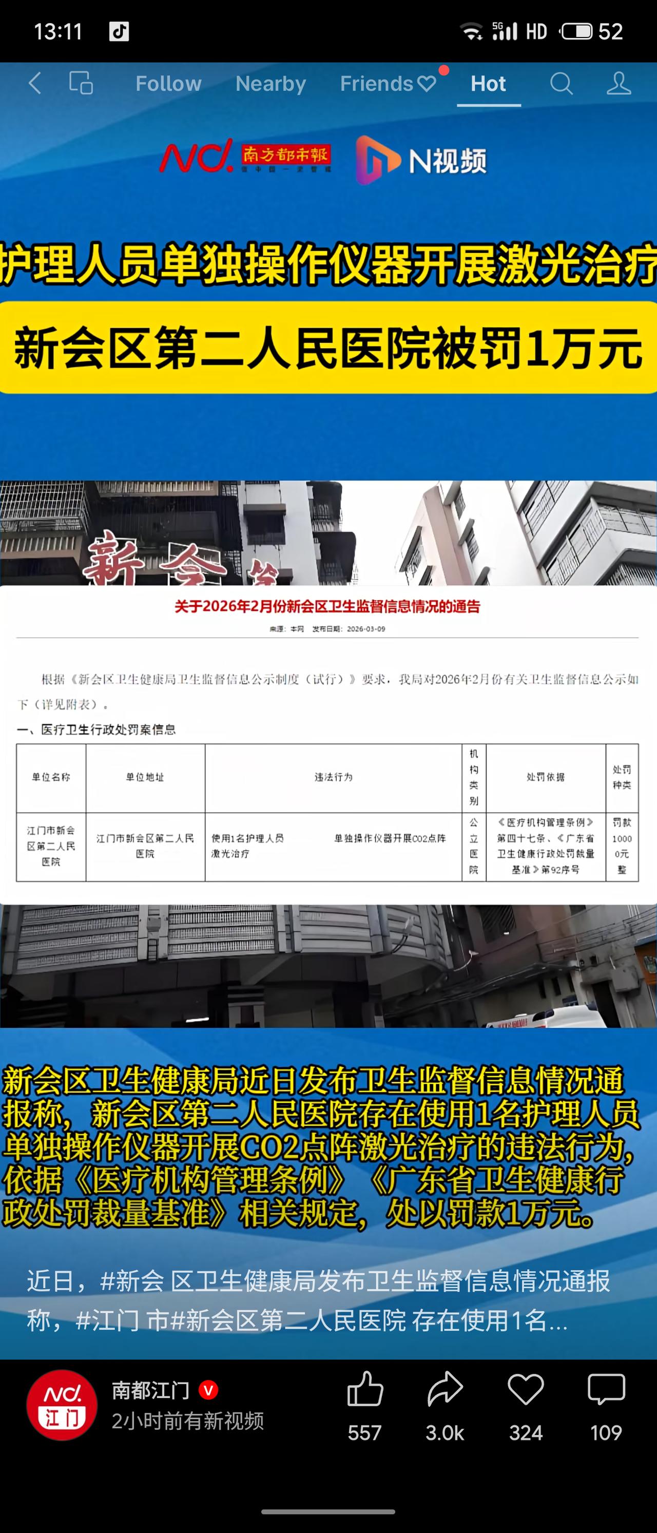江门新会区某公立医院因允许一名护理人员单独操作CO₂点阵激光治疗仪，被卫生行政部