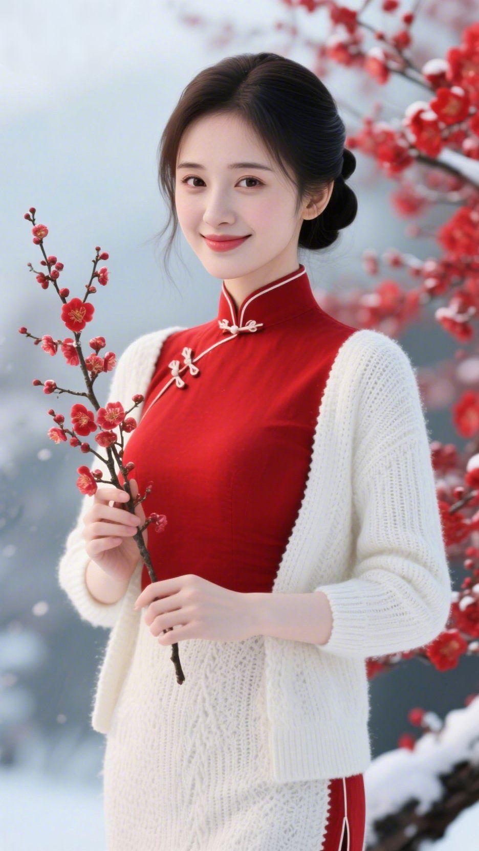 梅雪裹春衣细雪碎在梅枝的刹那，她立在风里，米白开衫软得像云。正红旗袍是冬色