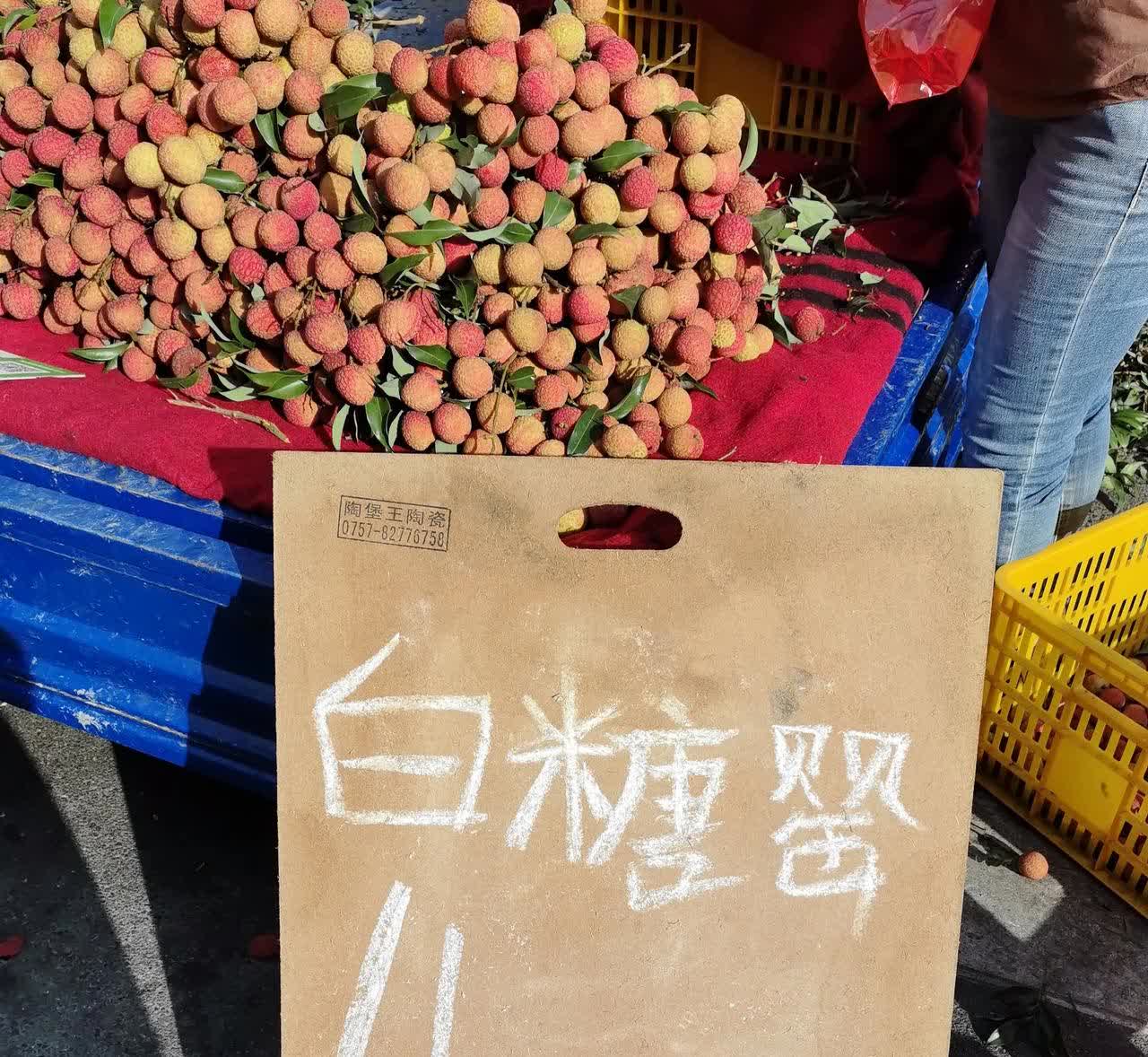 早上外出吃早餐，见到有较多的荔枝在摆卖。大概是到货较多，价钱已比前几天有所下降。
