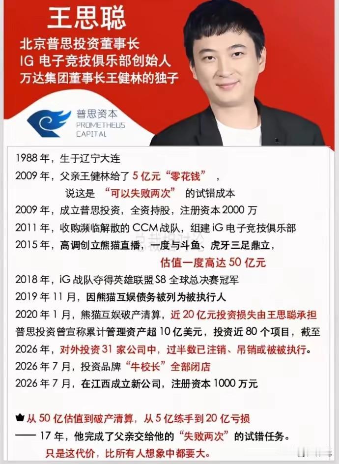 王公子奋斗了10几年硬是把5个亿的投资变成负债20亿，一手好牌打得稀烂。只能