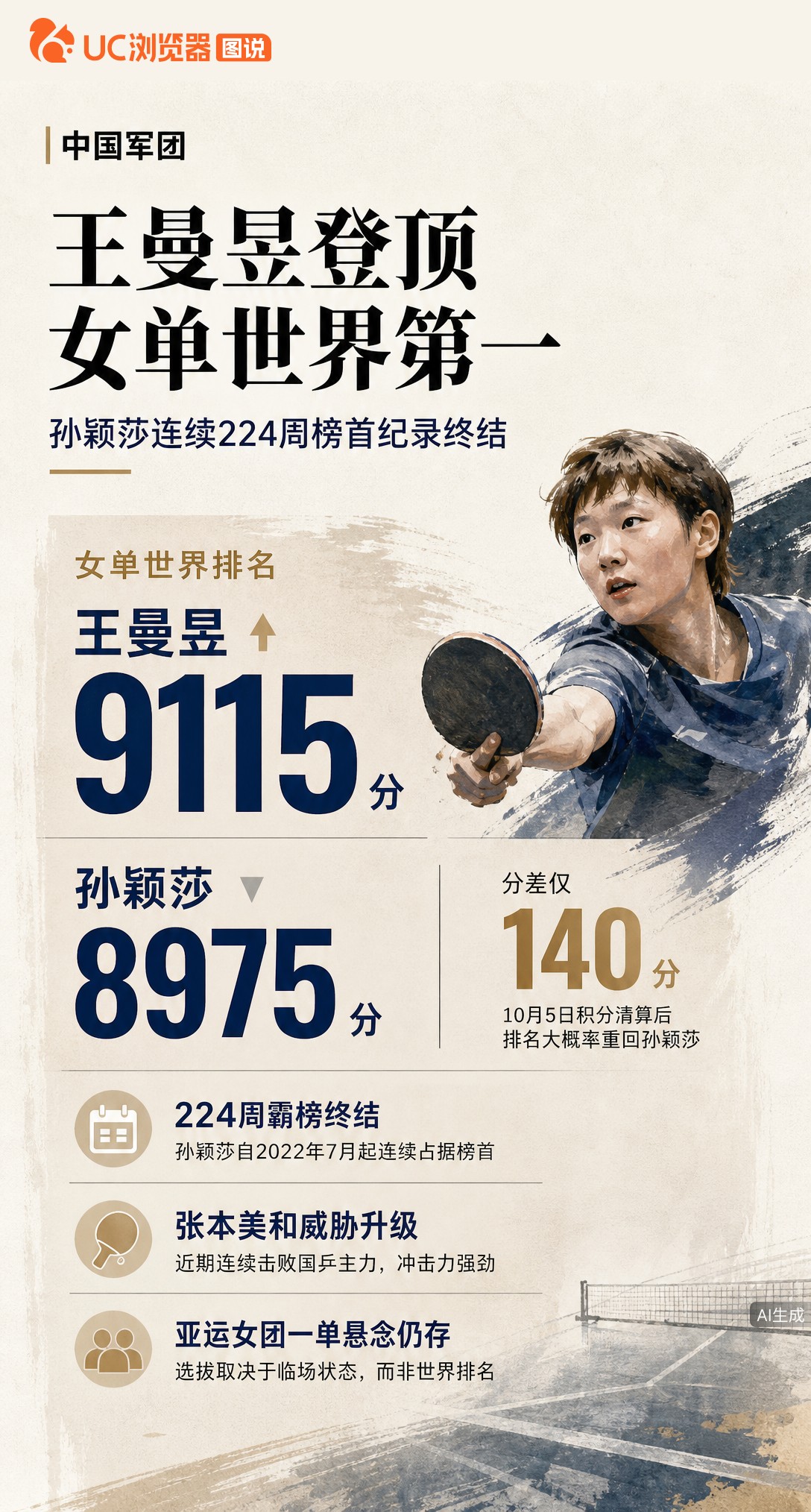 王曼昱9115分登顶世界第一，孙颖莎224周连霸终结。但仅领先140分，下月积分清算后排名或反转，亚