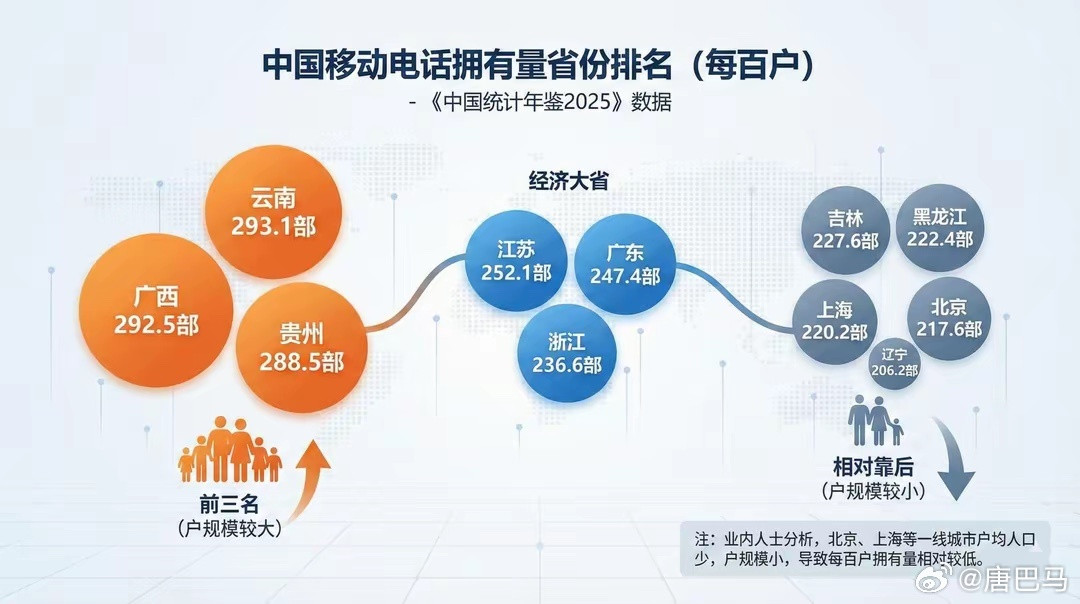 每百户居民手机拥有量云南广西贵州位列前三最新出版的《中国统计年鉴2025》