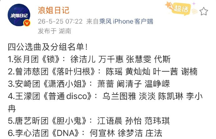 浪姐四公分组出炉网传《乘风2026》四公分组出来了，大家觉得这次分组情况如何？