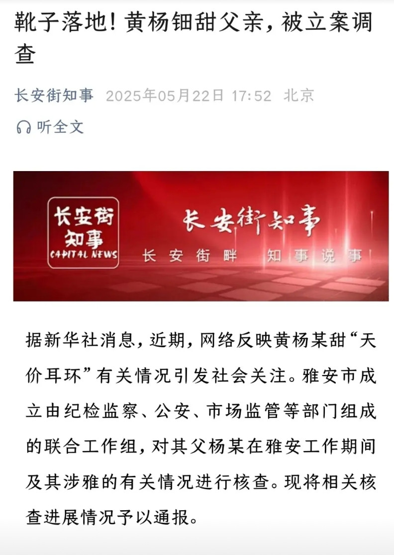 鞋子落地，黄杨钿甜的父亲杨伟迎来了调查的最终结果：杨伟在公务员任职期间未经手慈善