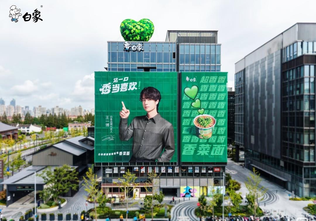 白象为代言人王一博种了11亩香菜地的“痛田”，这还不够！白象还把自家公司大楼直接