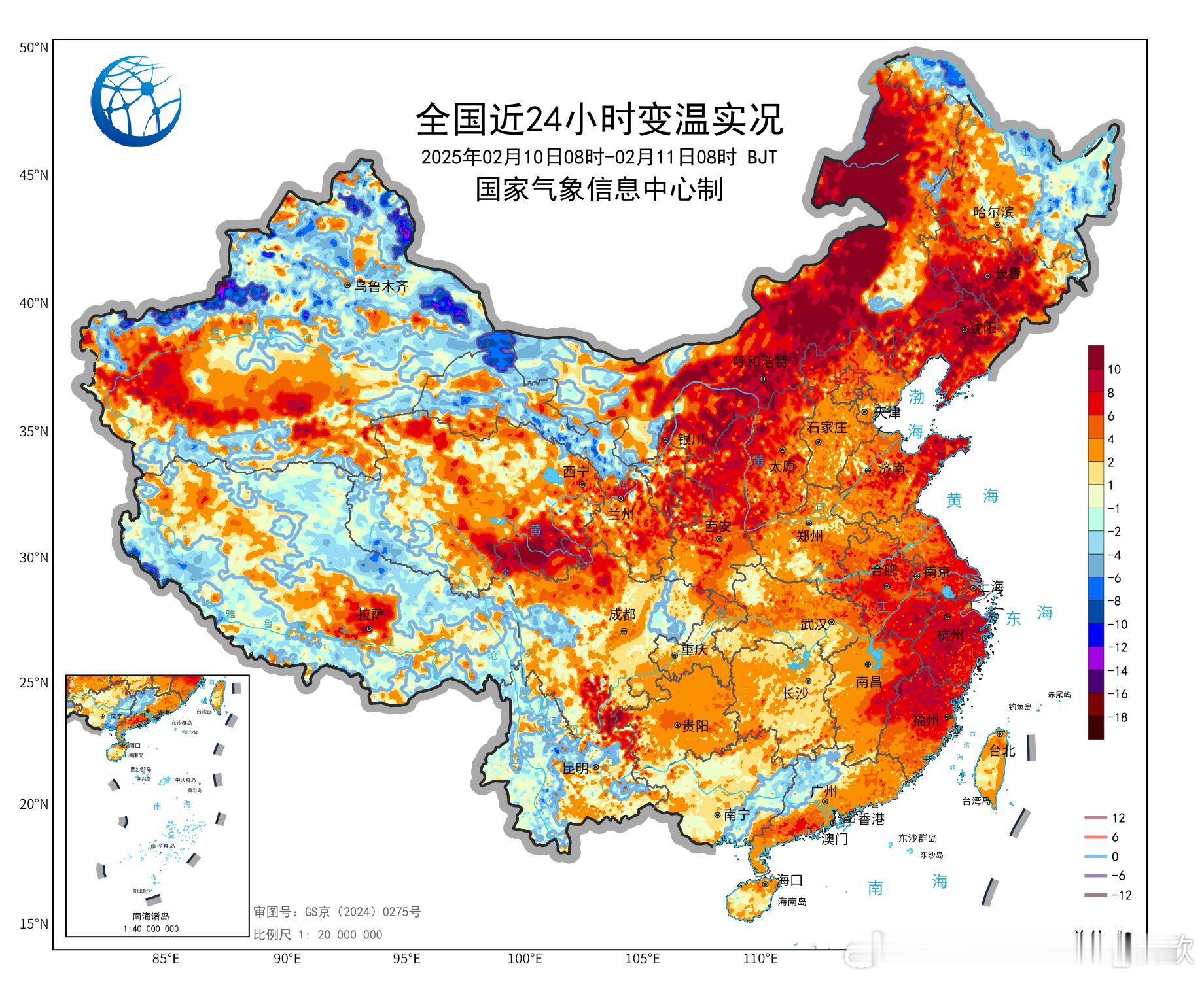 【升温】今晨中东部地区的气温普遍回升，得益于南风的暖平流（图3-4为昨晚和今晨的