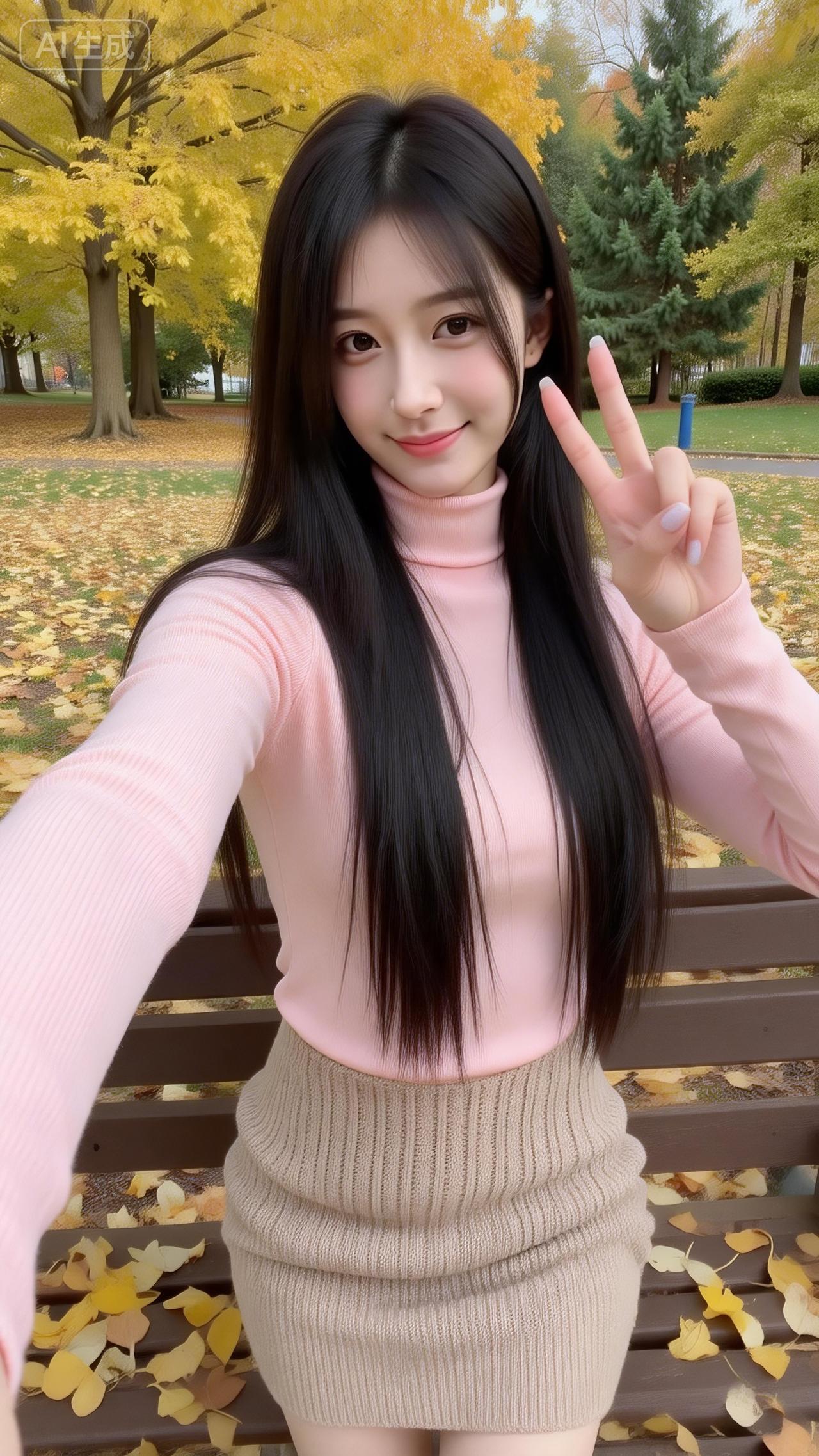 秋林里的粉系甜妹太戳啦淡粉高领针织搭浅棕短裙，温柔得像裹了层糖霜~比耶的小