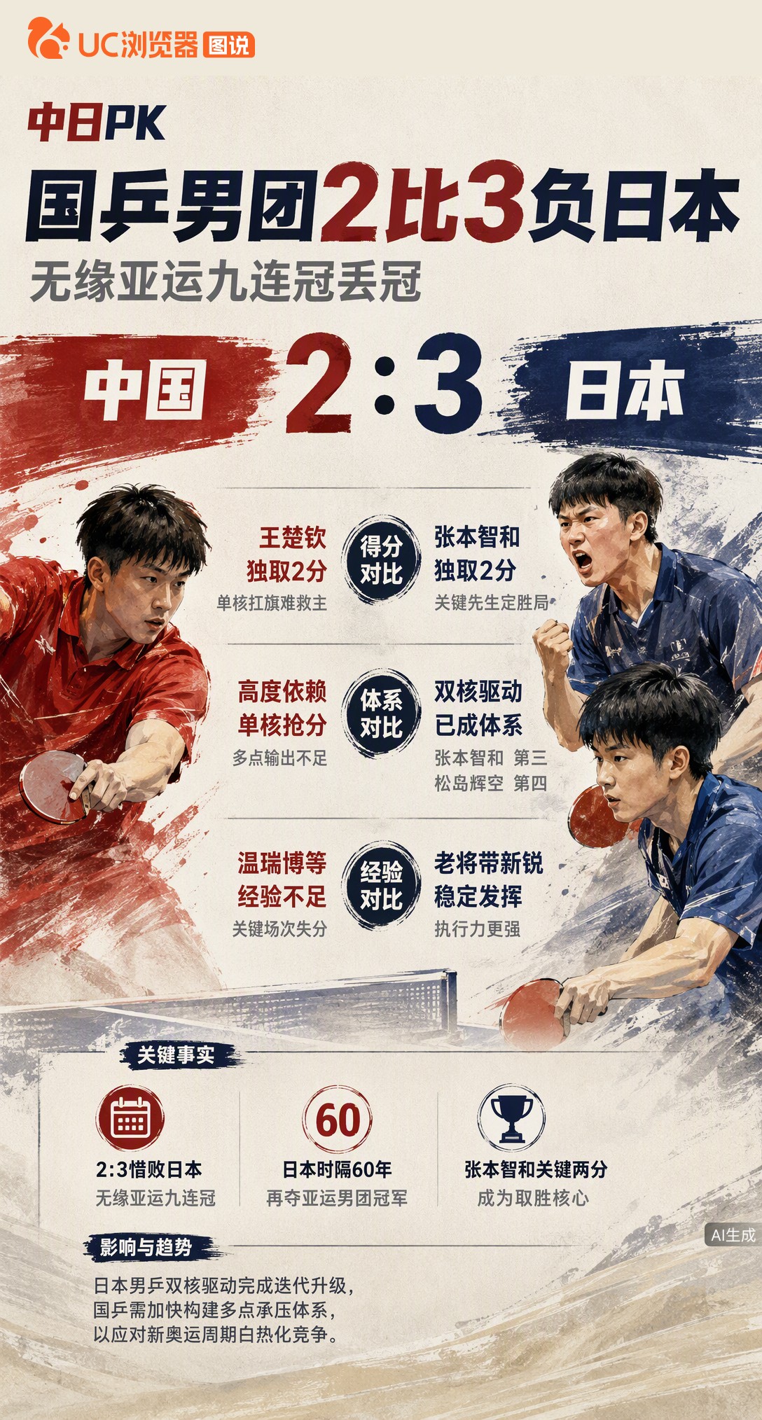 亚运男团决赛2-3惜败日本，无缘九连冠！张本智和独拿两分，松岛辉空已成第二核心。国乒过度依赖王楚钦抢