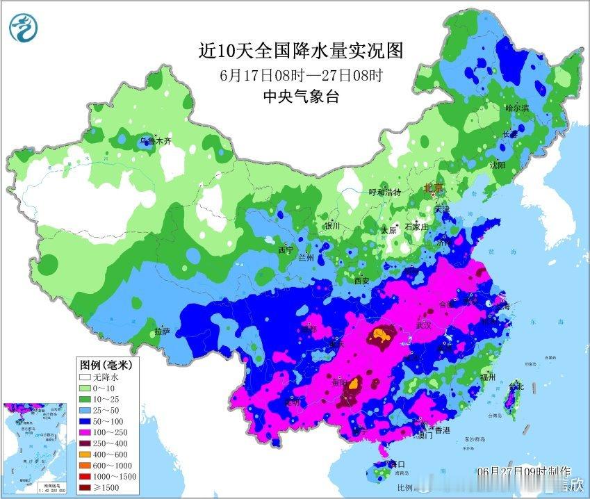 【雨热分布的调整】过去十天，我国的主雨带位于华南西南到长江中下游等地。其中6月1