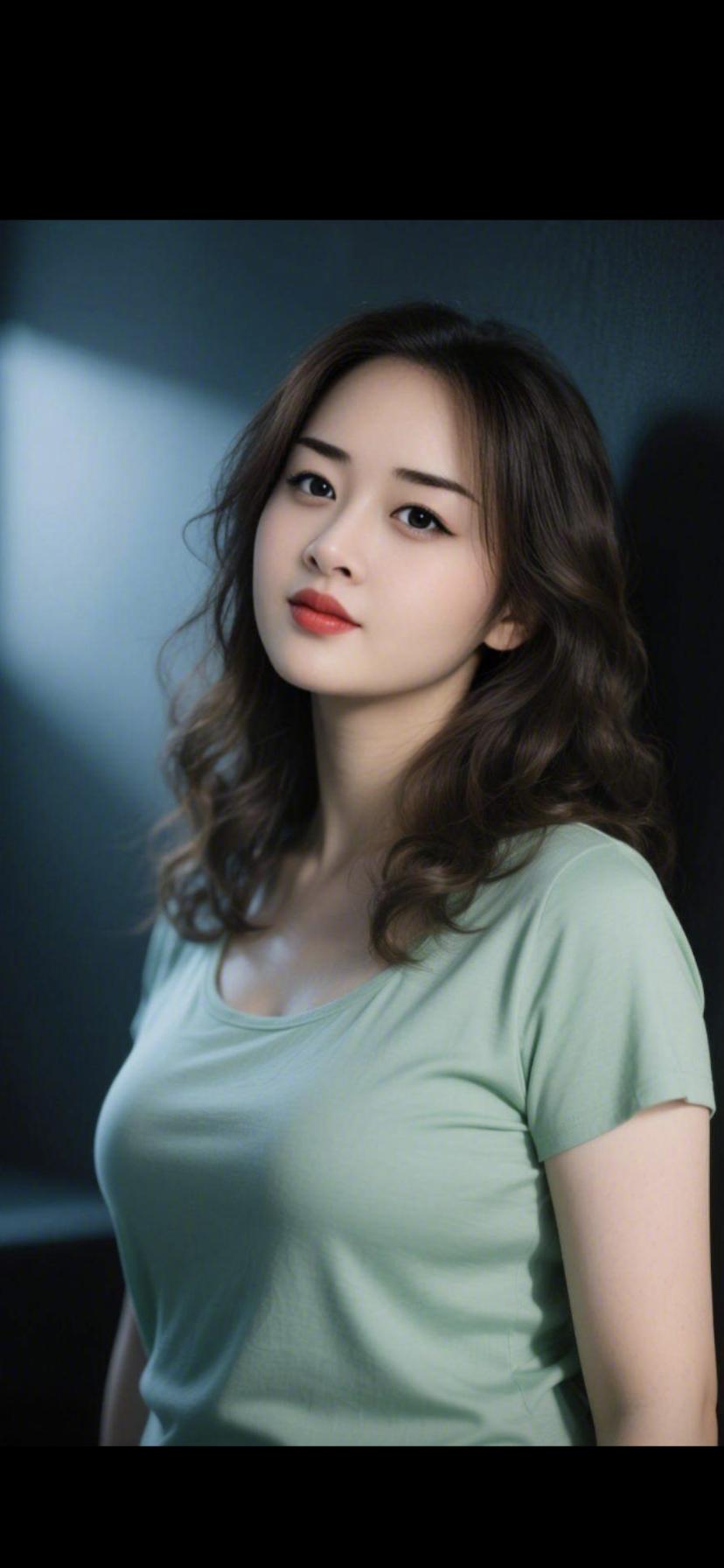 温柔的光影，沉静的气质，浅绿色T恤，自然美。
