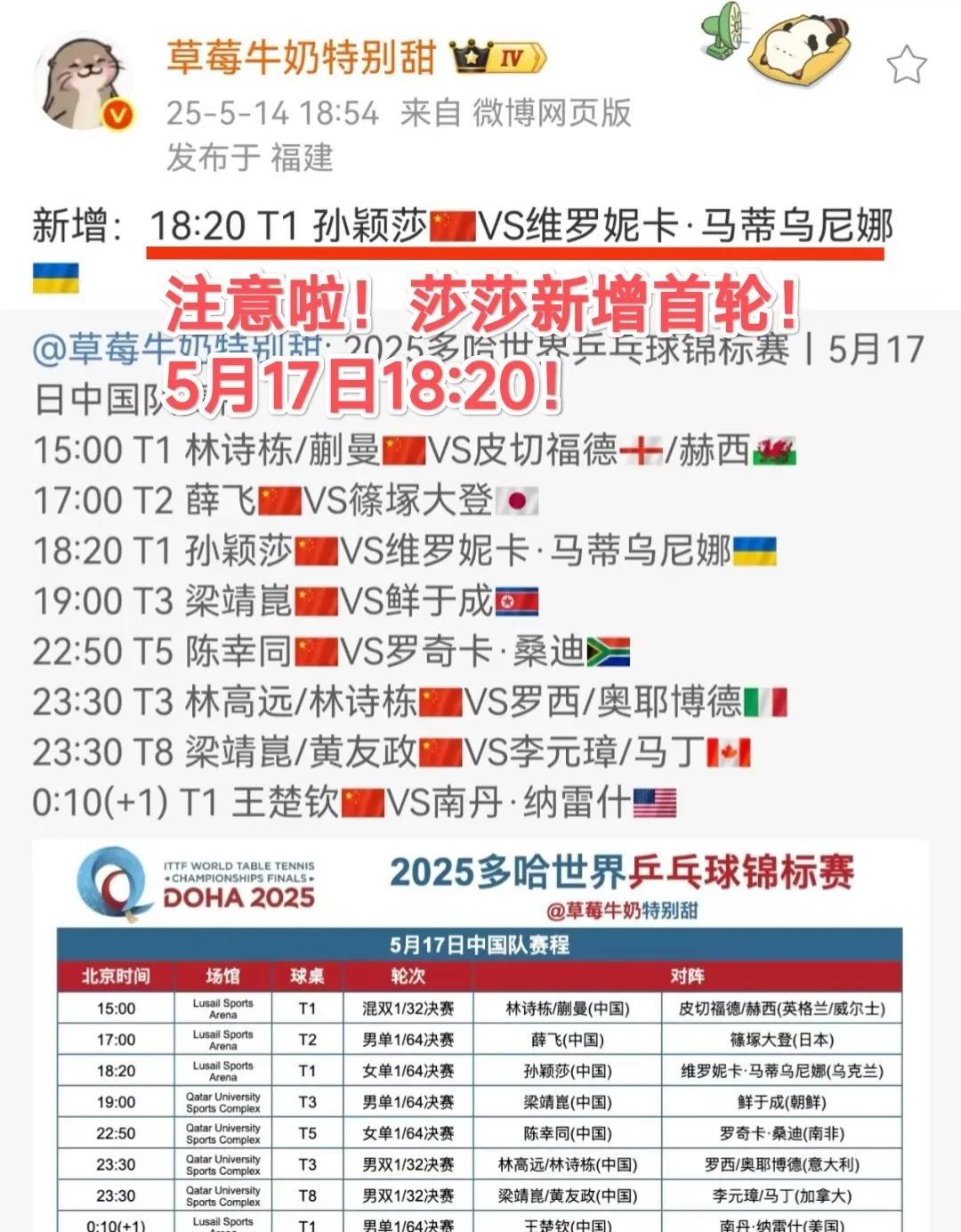 注意啦哈！莎莎新增女单首轮，5月17日下午18:20分，1号球桌，对阵乌克兰魂动