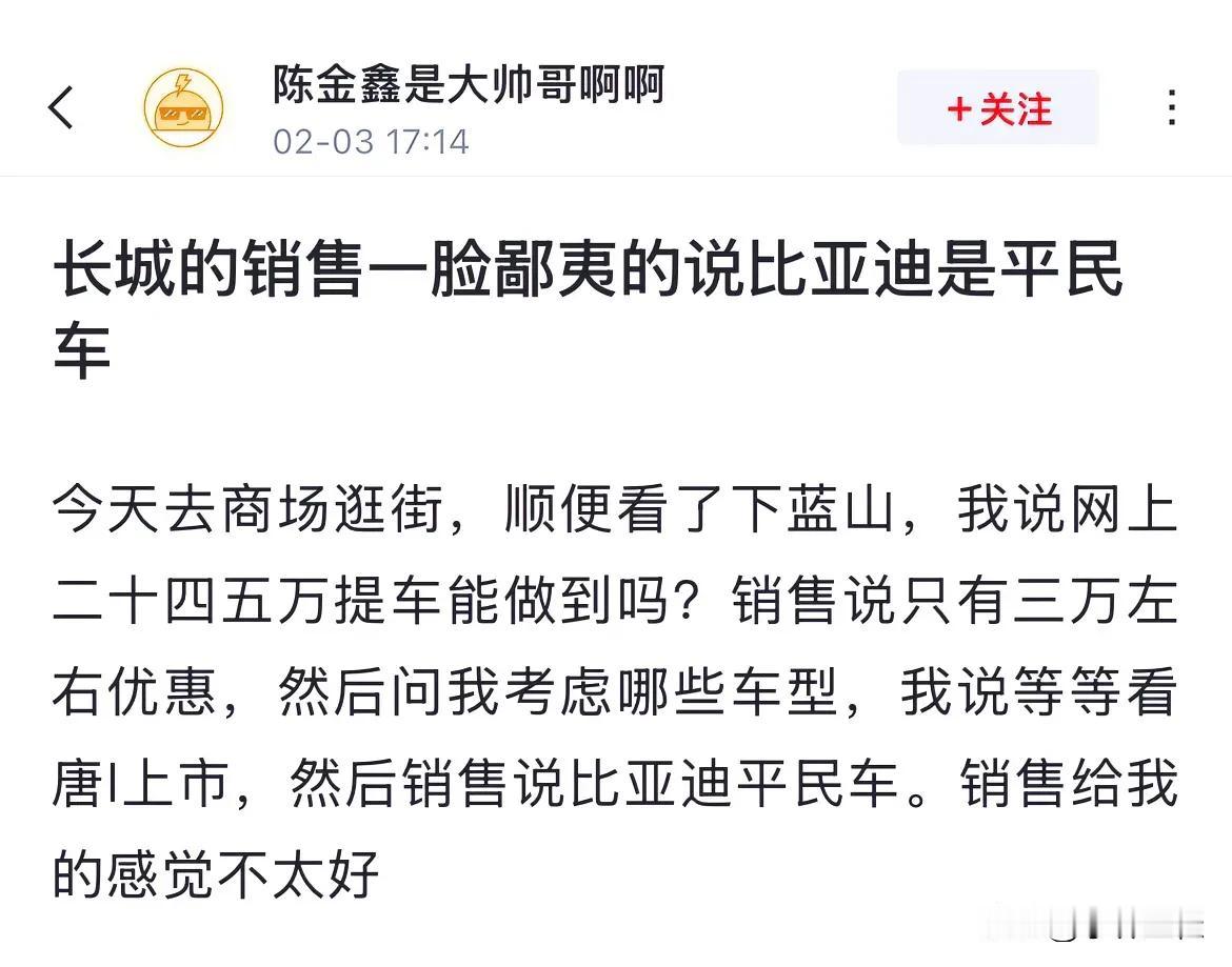 友商销售：“比亚迪就是一平民车！”不论这个销售的真实意思，就从字面去理解，我就