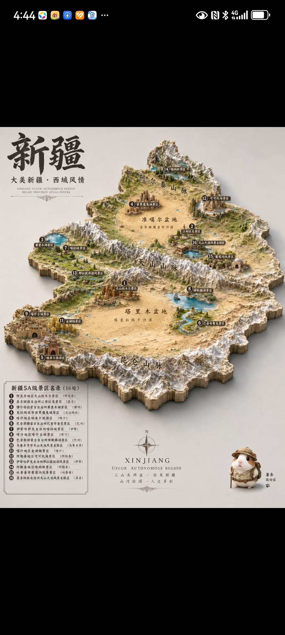 这张图把新疆地貌描绘得很清楚。新疆真是地大物博。在荒凉的戈壁和茫茫草原间穿行，