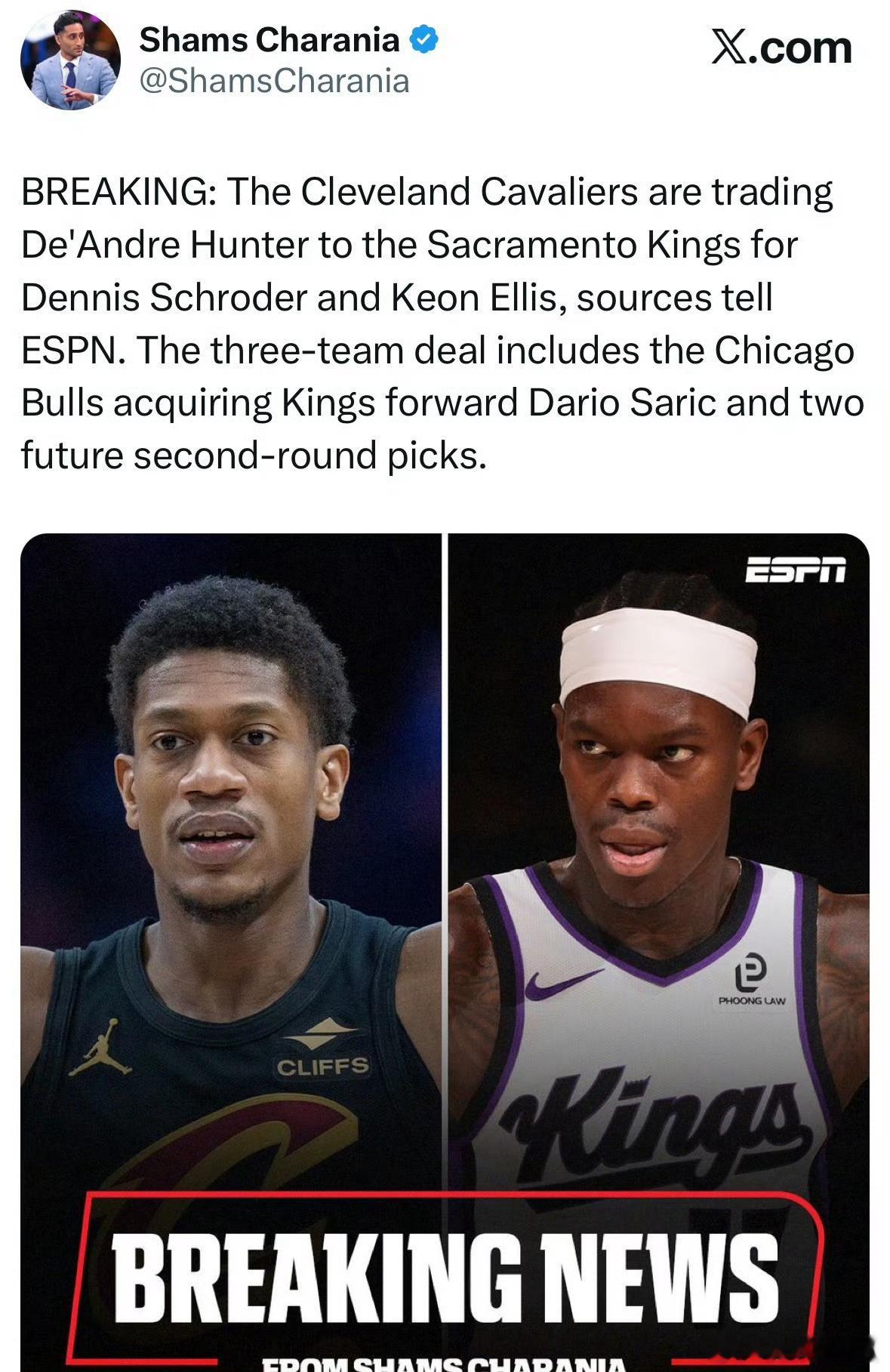 交易终于来了！第二笔交易诞生！就在刚刚骑士公牛国王迎来重磅消息。根据知名记者Sh