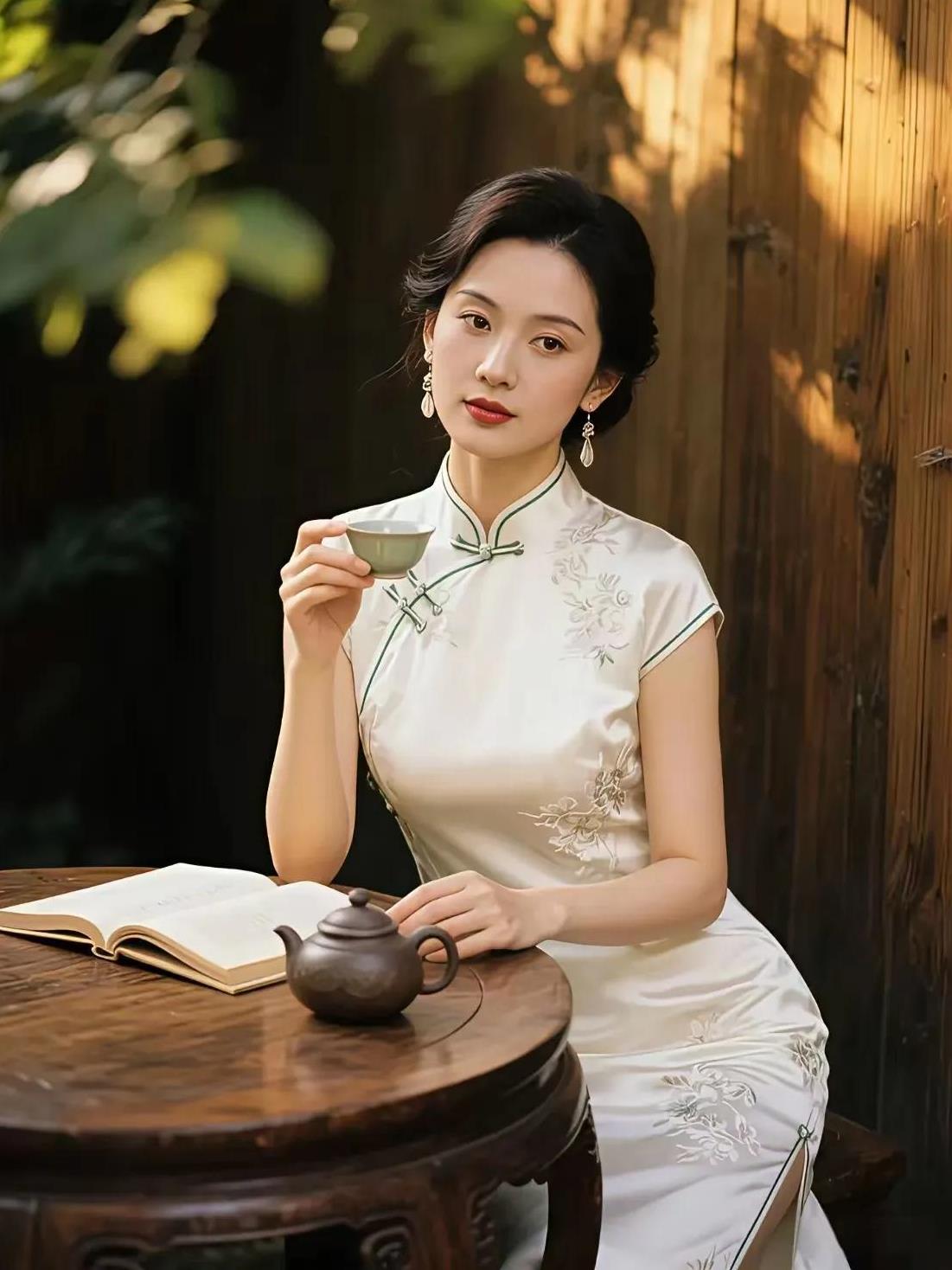 庭中旗袍女素袍静坐沐晴光，杯茗书香绕案长。一缕青丝藏古韵，时光慢品韵悠长