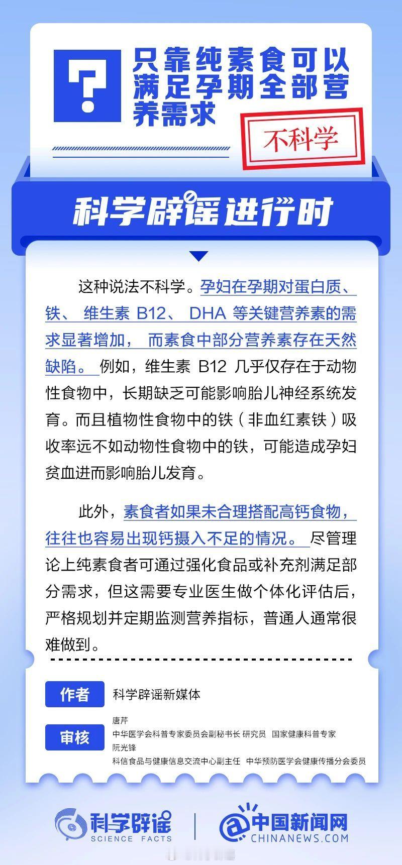 科学辟谣进行时【只靠纯素食可以满足孕期全部营养需求？不科学】孕妇在孕期对蛋白质