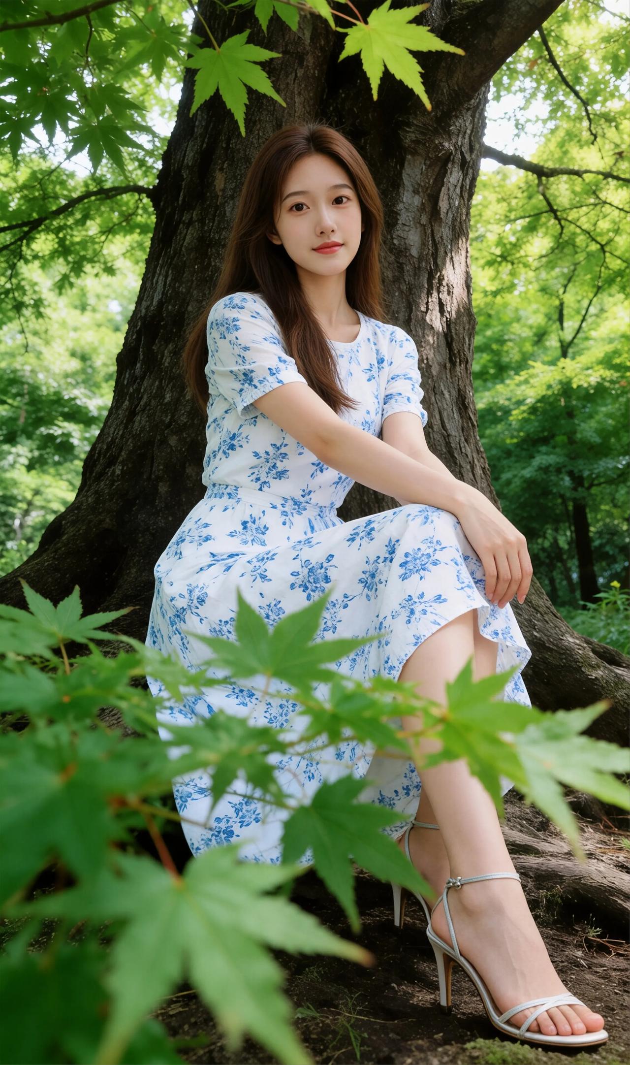 绿树阴中人倚树，白裙花影映清泉。