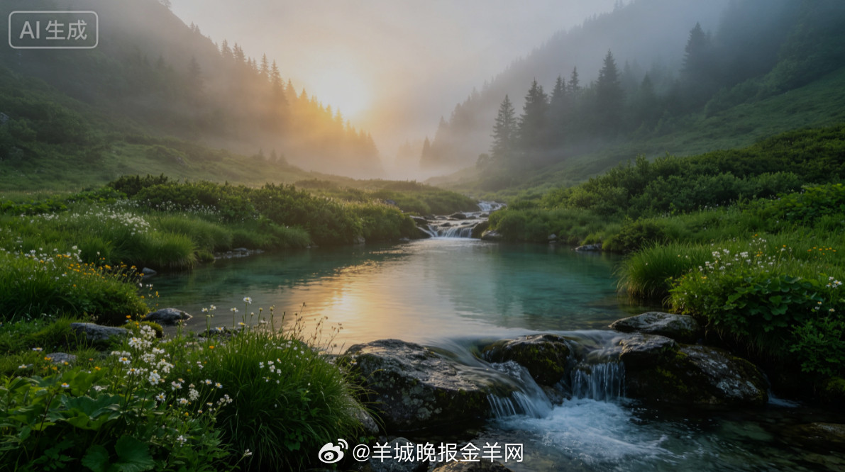 #早安#盛夏清晨薄雾氤氲山涧，一汪清潭映着初升柔光，潭边长满青翠草木与星星点点