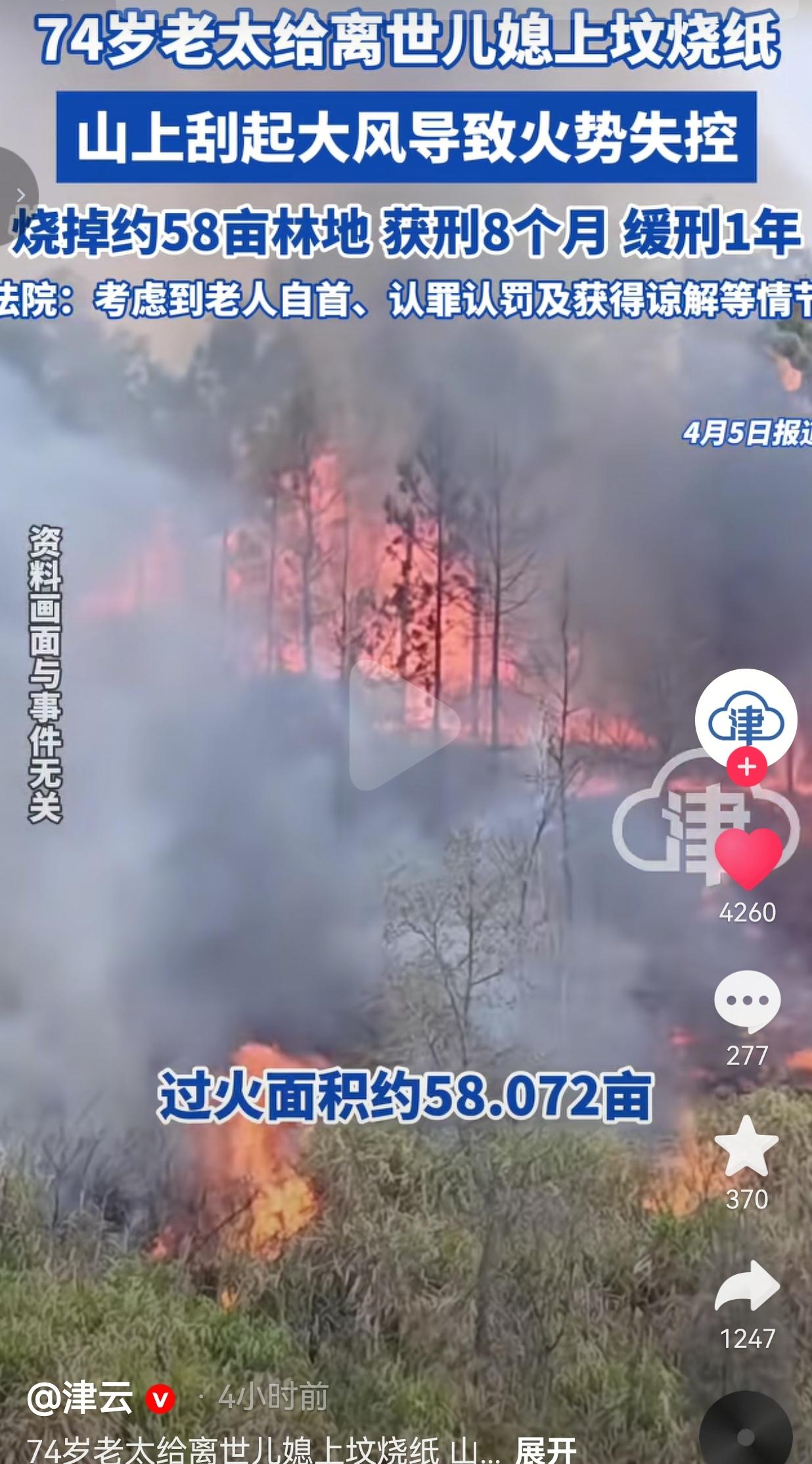 74岁老太上坟烧纸引发山火，烧毁58亩林地！法院这样判，网友吵翻了！我就问