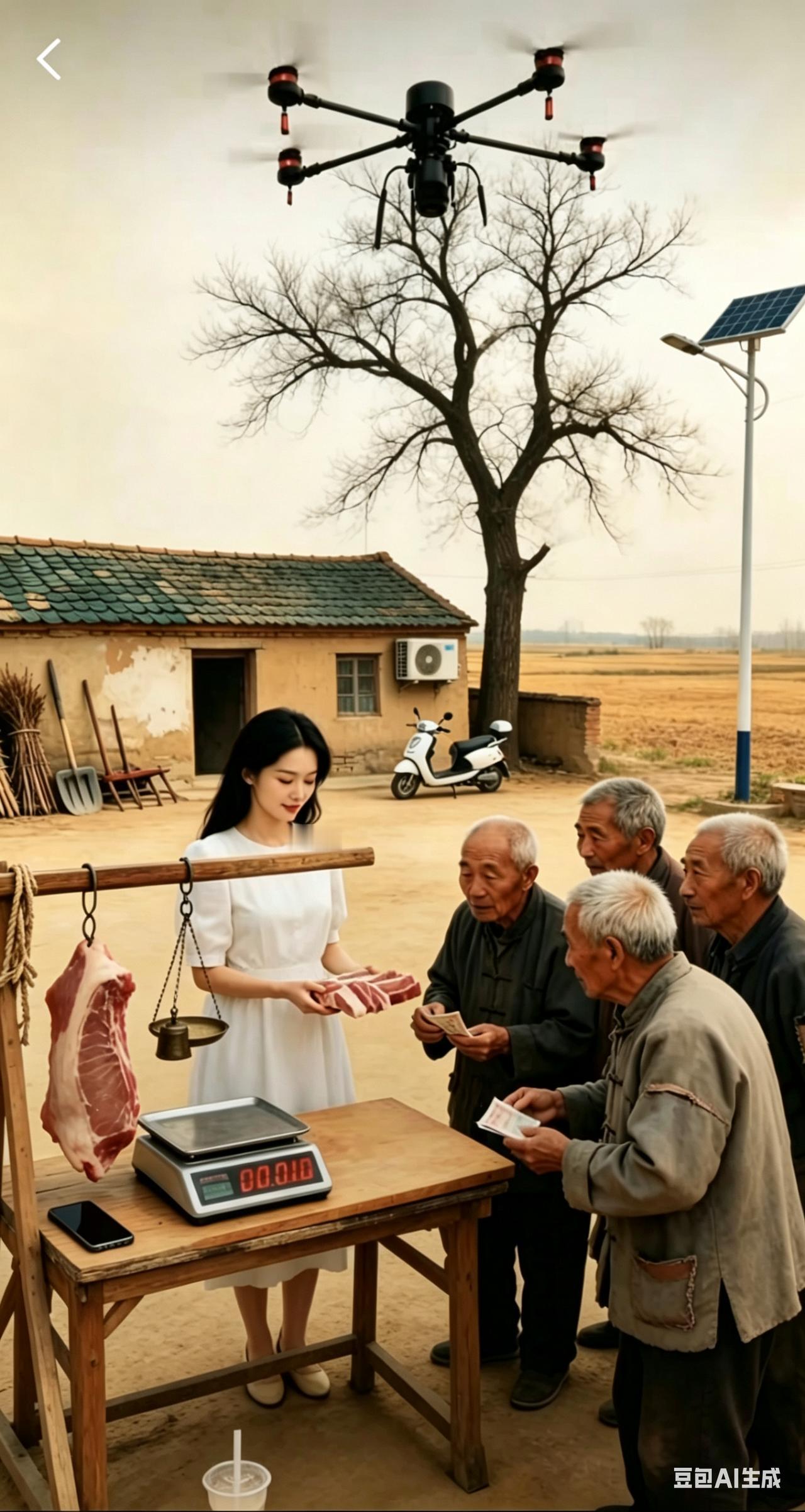 寻找不合理之处这幅图展现的是80年代卖猪肉的场景，其中有6处物品与那个年代不符