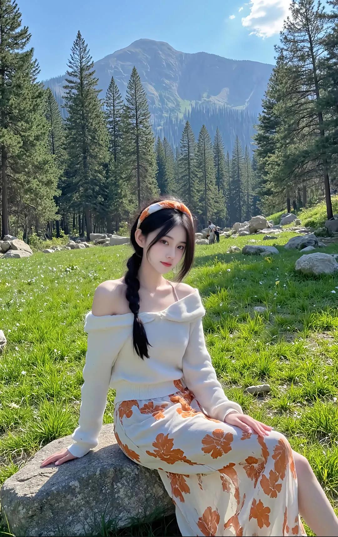 山间少女，花裙飘逸，绿意盎然，心旷神怡。街拍高清美女