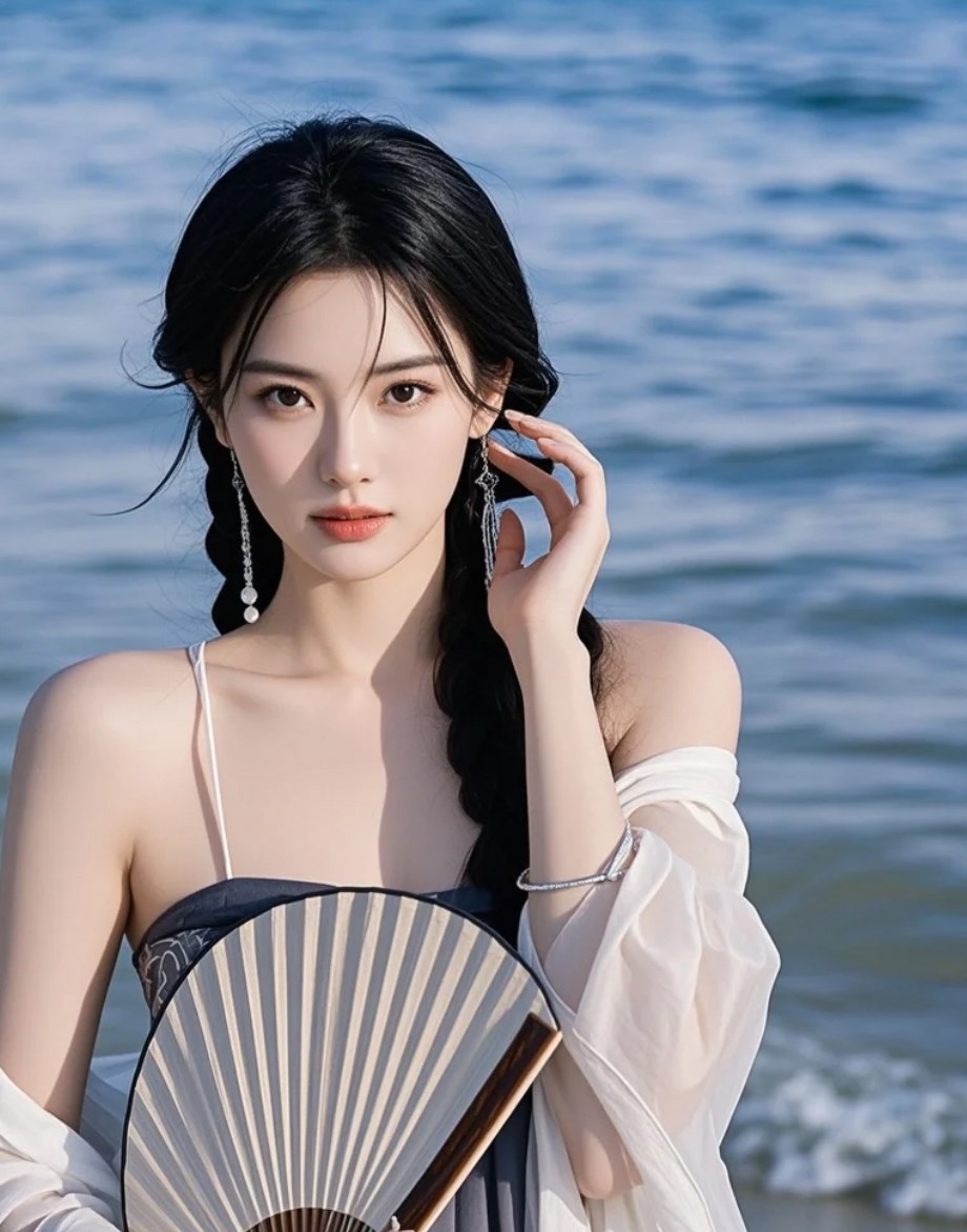执扇站在海边的她，像是从画中走出来一样