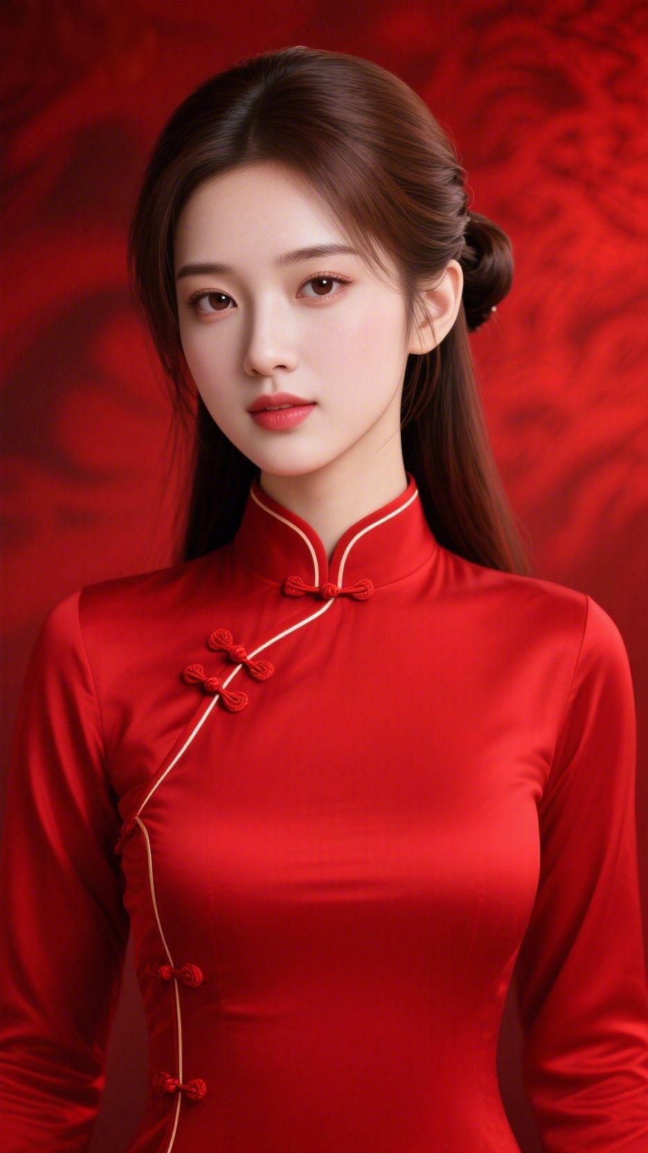 《红襟里的素雅》艳红作底，像晕了暖光的绢，她立在光影间，眉目里浸着浅淡的温