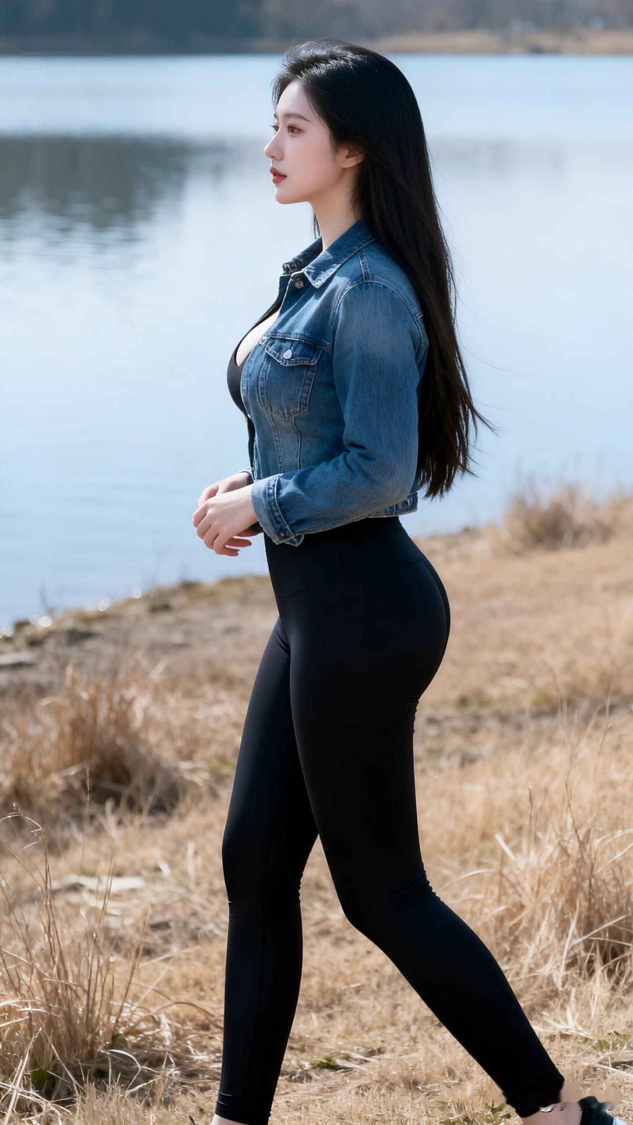 湖边的风带着水汽，牛仔外套裹着肩，黑色瑜伽裤贴在腿上，每一步都带着风的节奏。长发