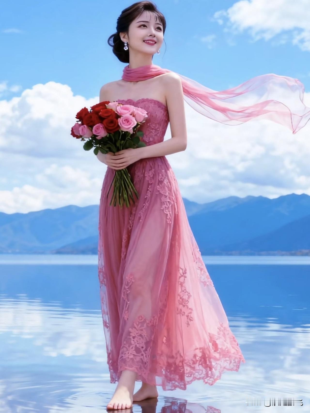 碧波荡漾处，佳人捧花来。轻舟泛处烟霞绕桃花荡漾在水面湖岸花影行荡漾花间闻花