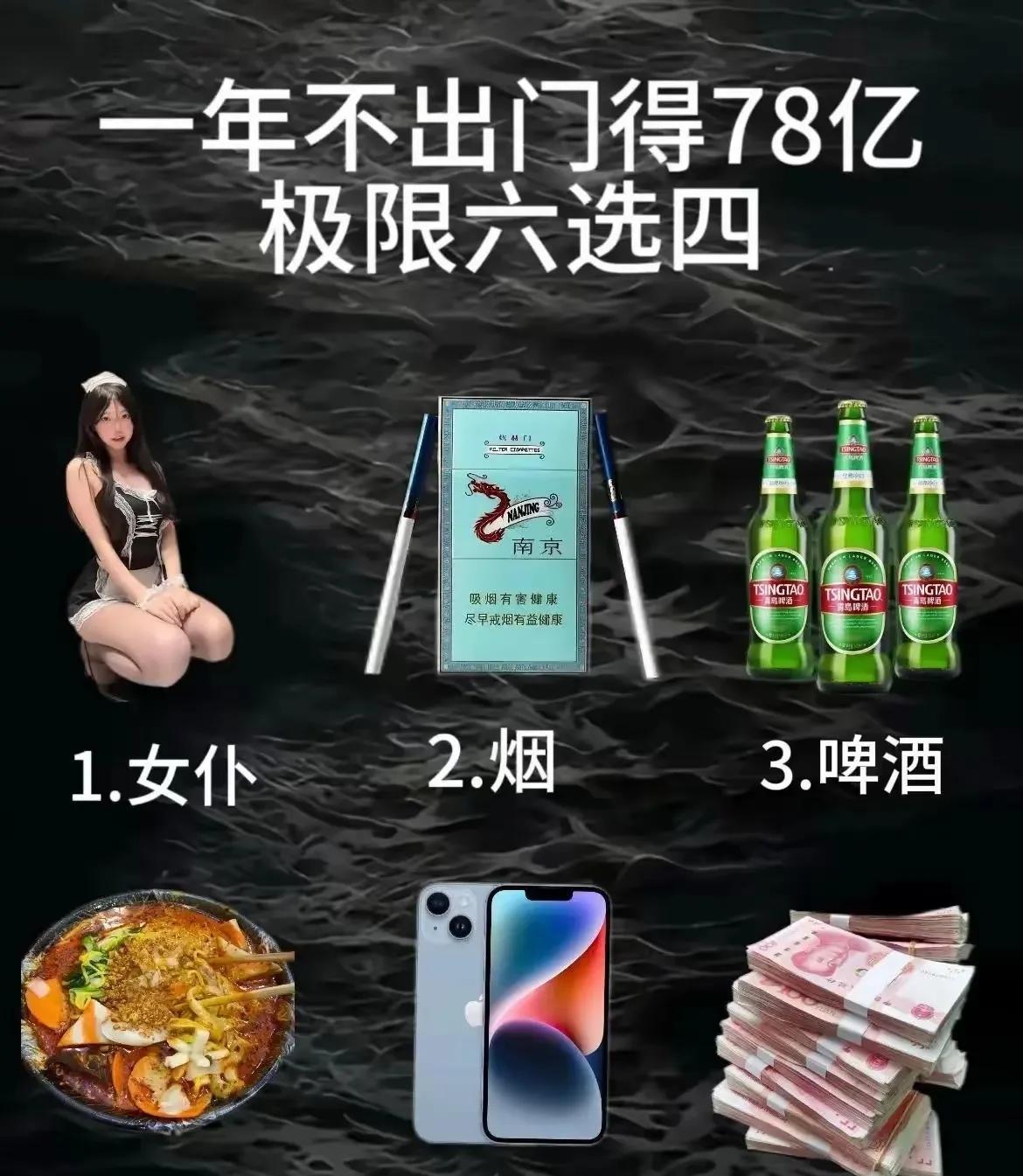 我来选选:1、女仆，这个必须要；2、美食，必需品；3、手机，娱乐装备；4
