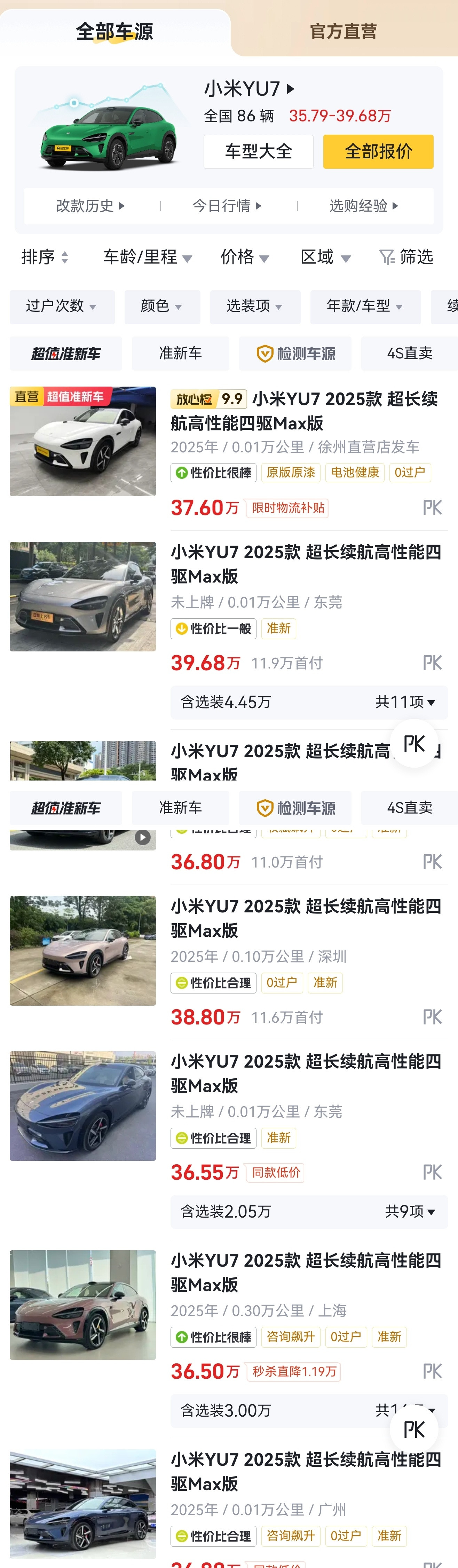 懂车帝小程序显示，目前全国有超过80辆小米YU7二手车在售，挂牌价在3