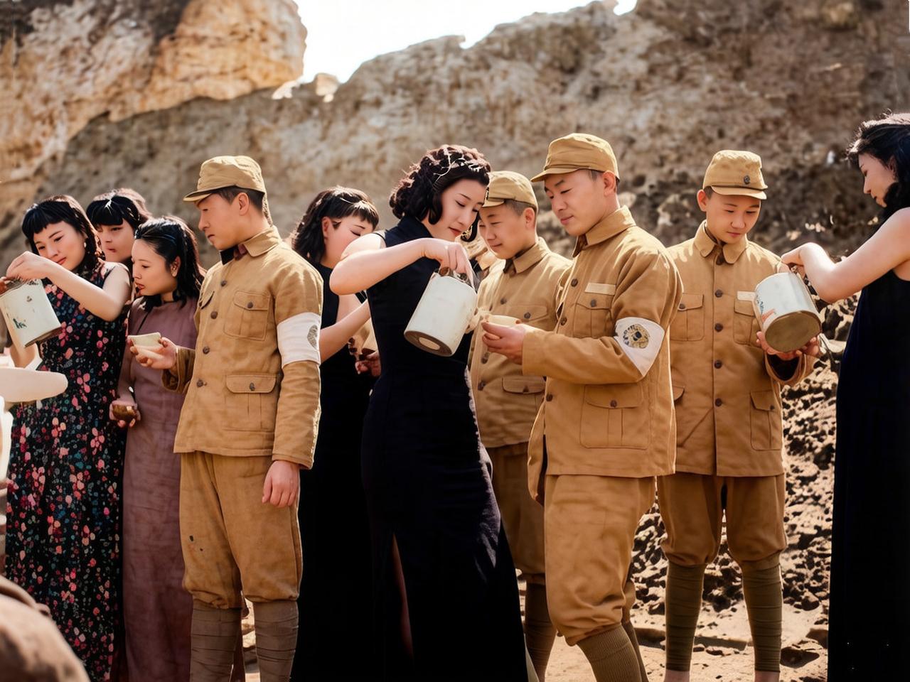 1941年4月，几名烫发、身着旗袍、打扮得花枝招展的年轻女子正在给侵华日军端茶送