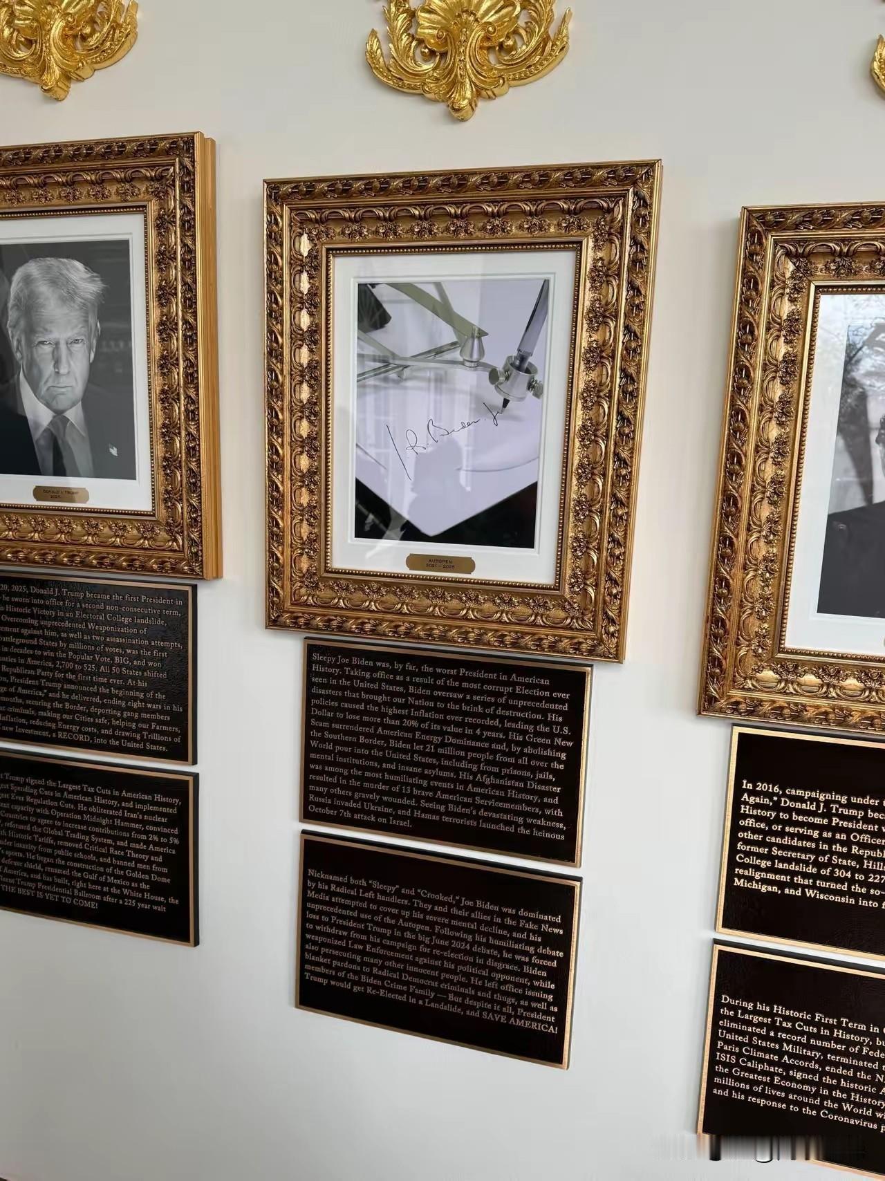 特朗普在白宫“总统星光大道”添加新的铭牌。这些铭牌除了狂赞他自己，就是狠怼前